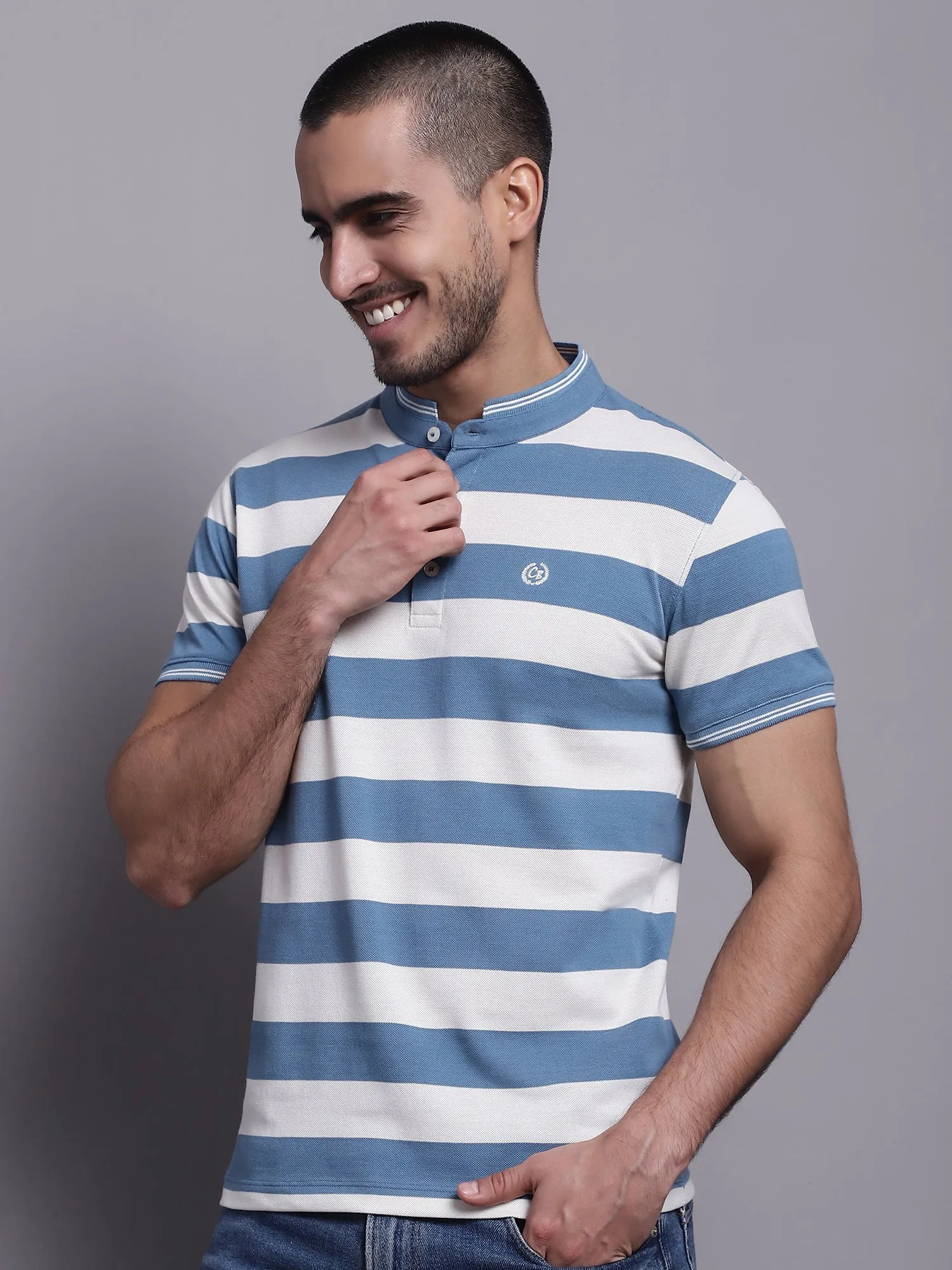 Men Teal Blue Polo Neck T-Shirt