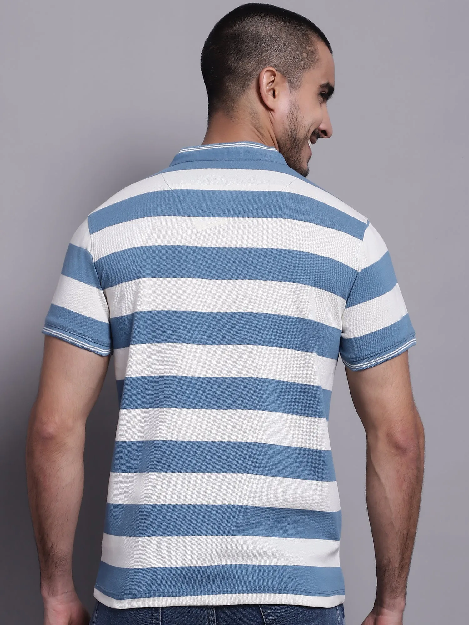 Men Teal Blue Polo Neck T-Shirt