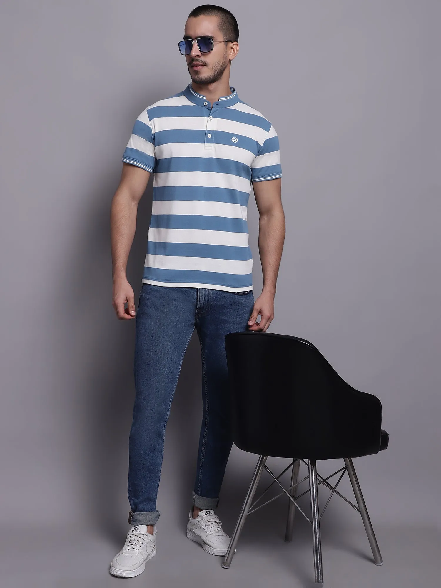 Men Teal Blue Polo Neck T-Shirt