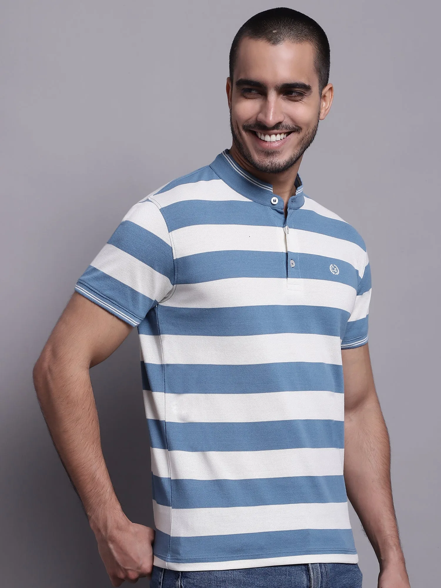 Men Teal Blue Polo Neck T-Shirt