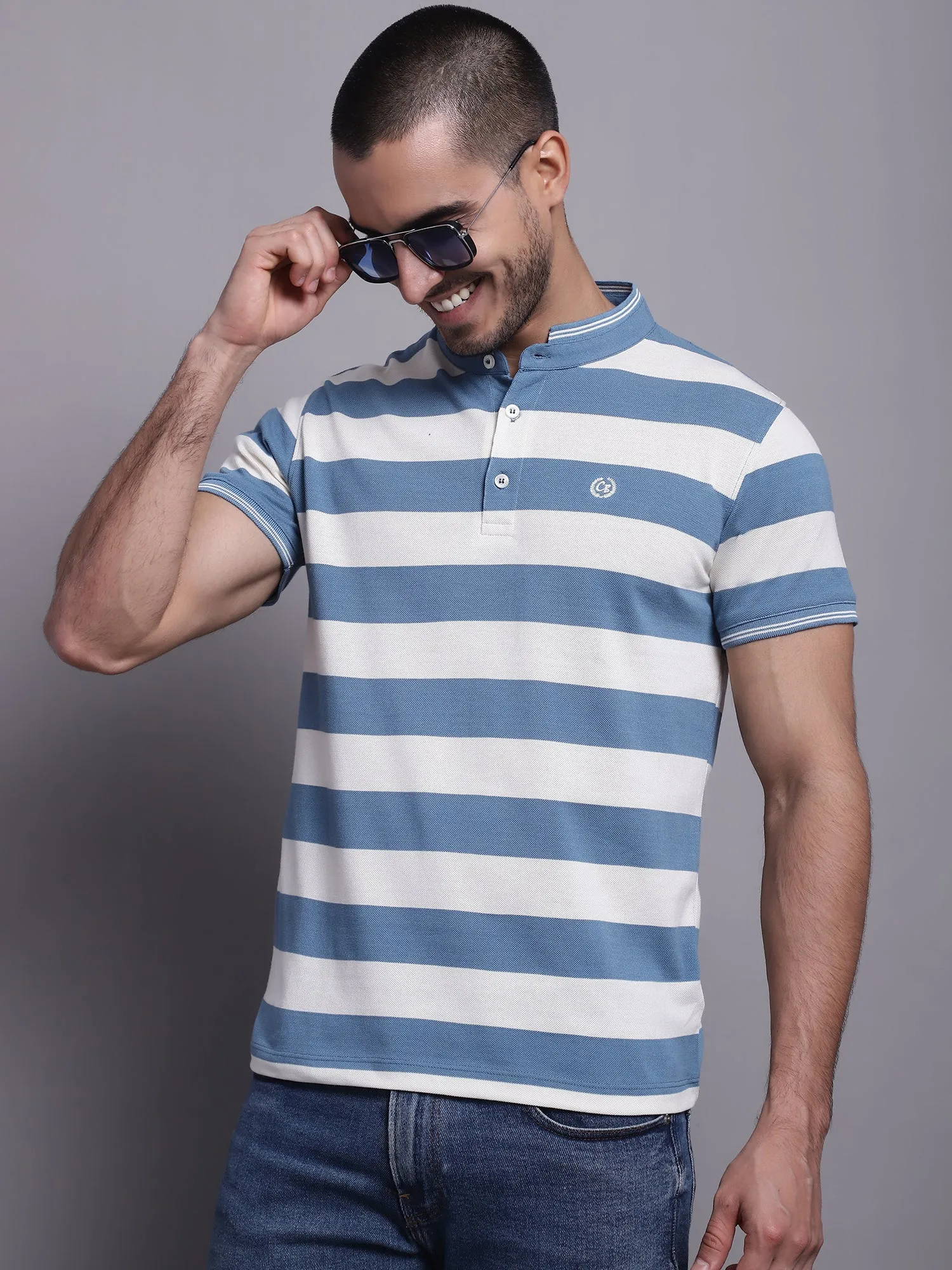 Men Teal Blue Polo Neck T-Shirt