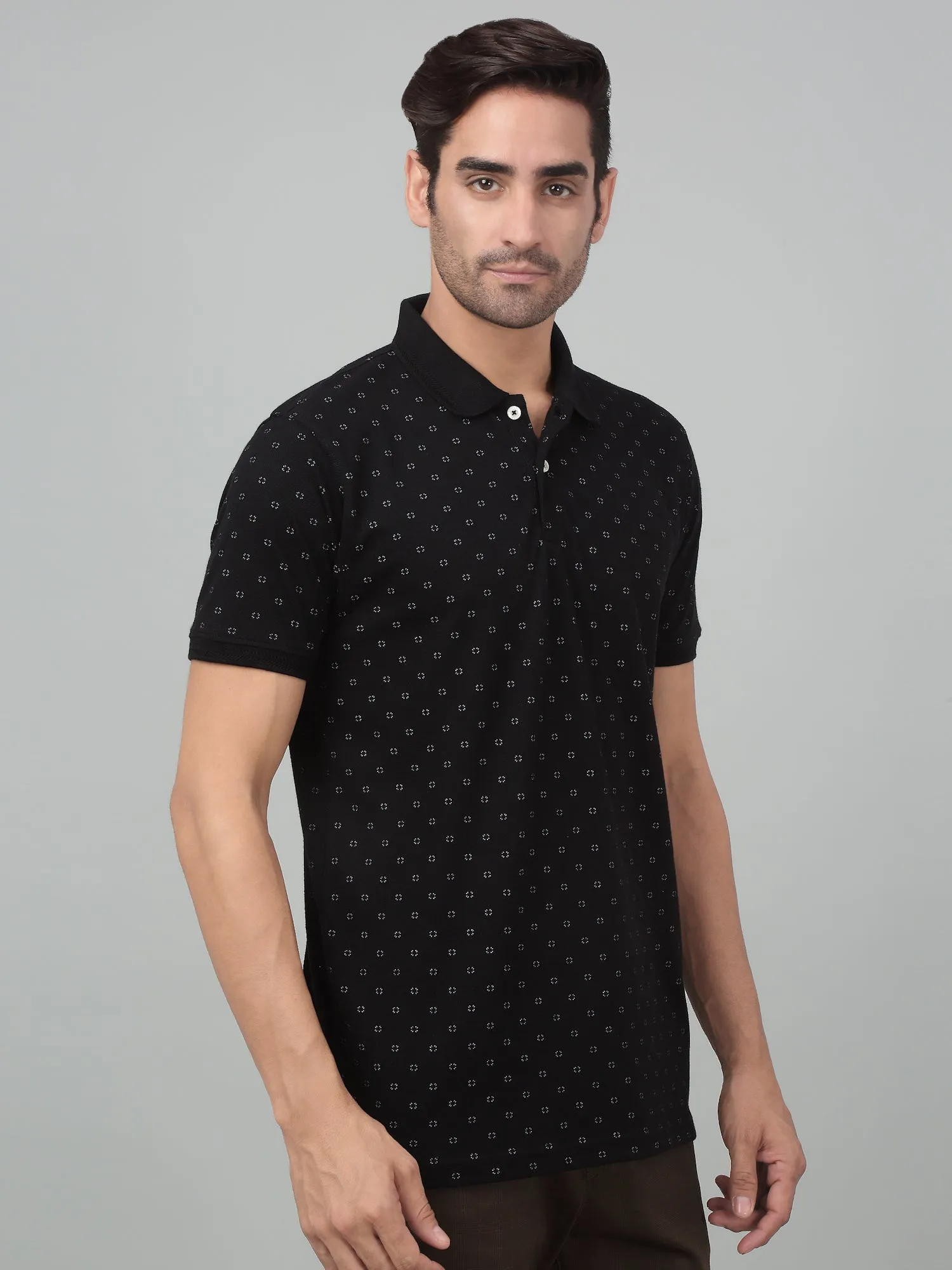 Men's Black All over print Polo neck Half Sleeve T-Shirt