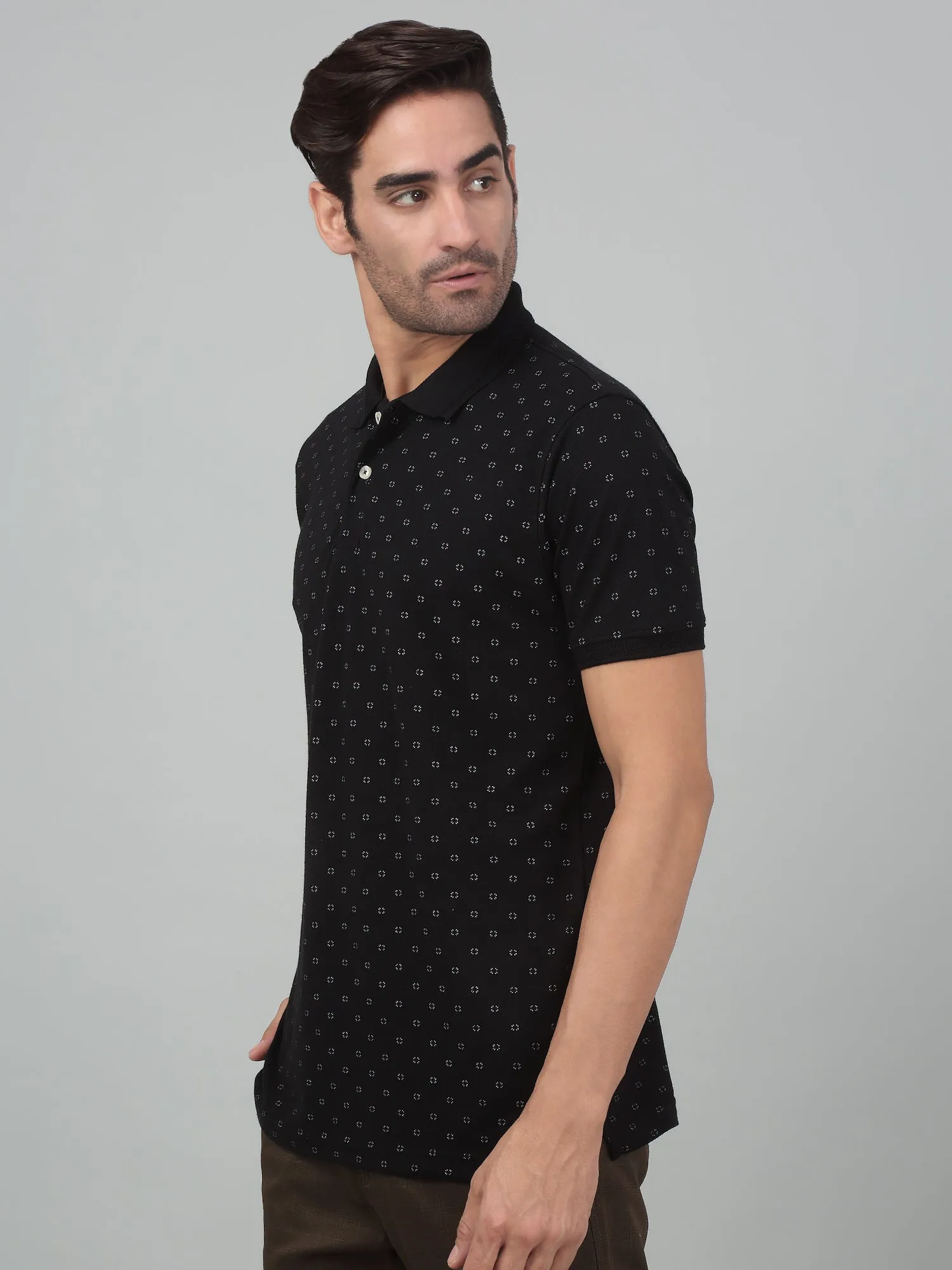 Men's Black All over print Polo neck Half Sleeve T-Shirt