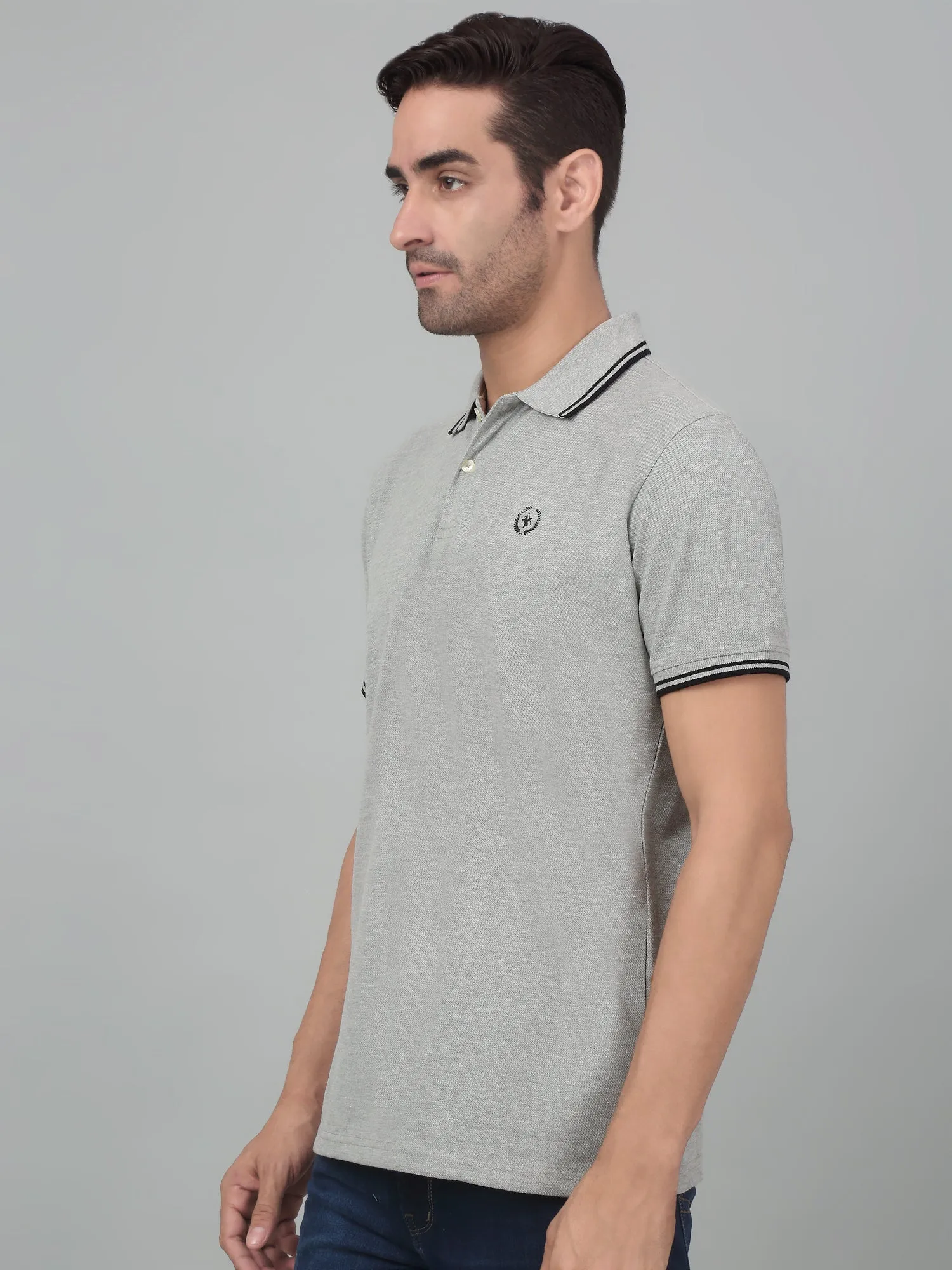 Men's Grey Melange Polo neck Half Sleeve T-Shirt
