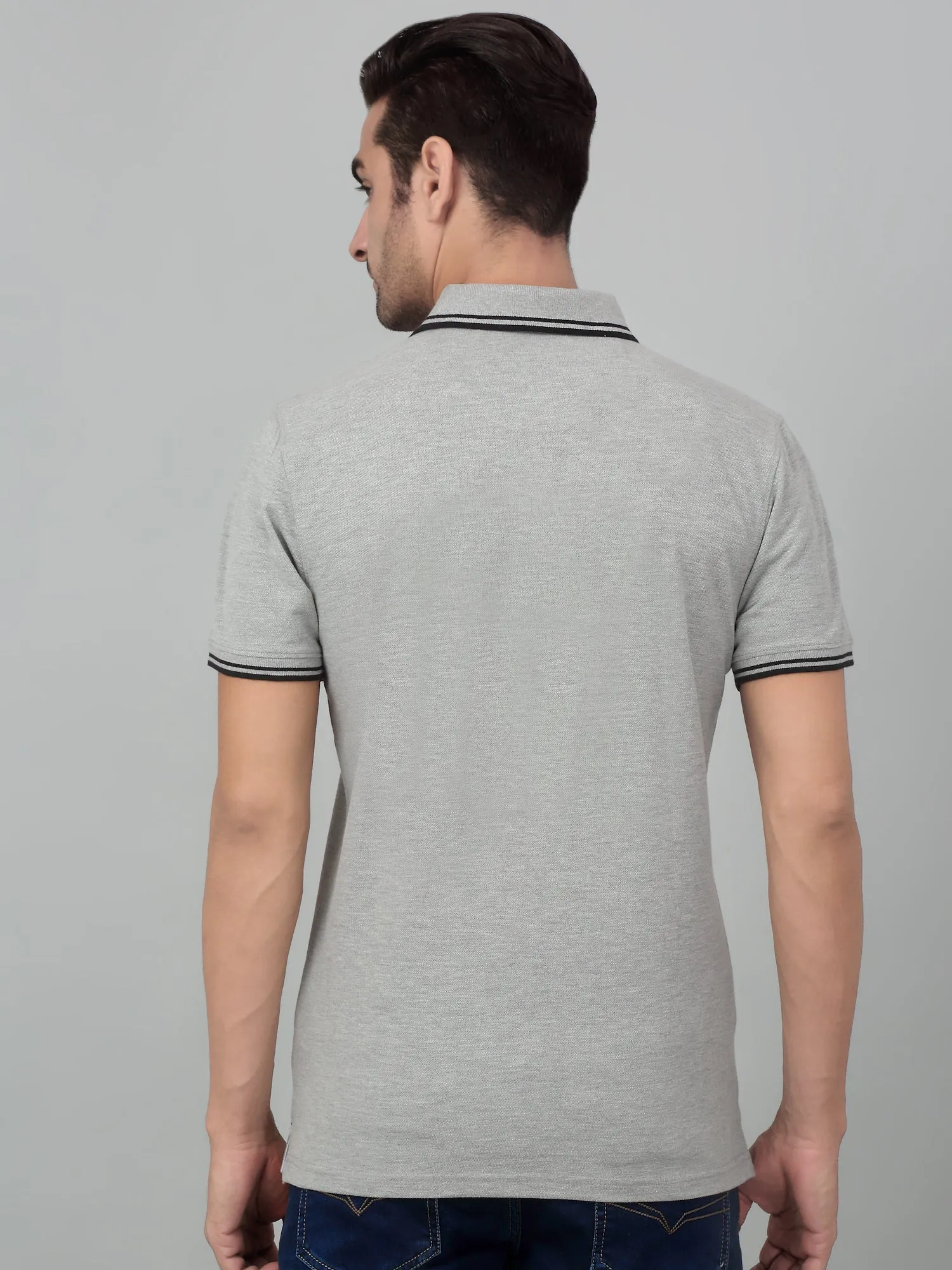 Men's Grey Melange Polo neck Half Sleeve T-Shirt