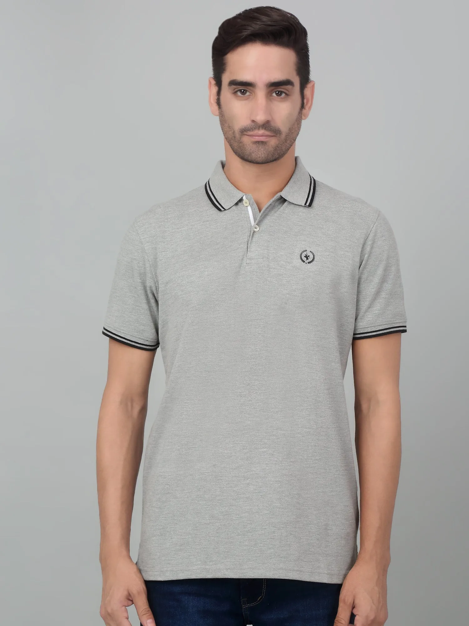 Men's Grey Melange Polo neck Half Sleeve T-Shirt