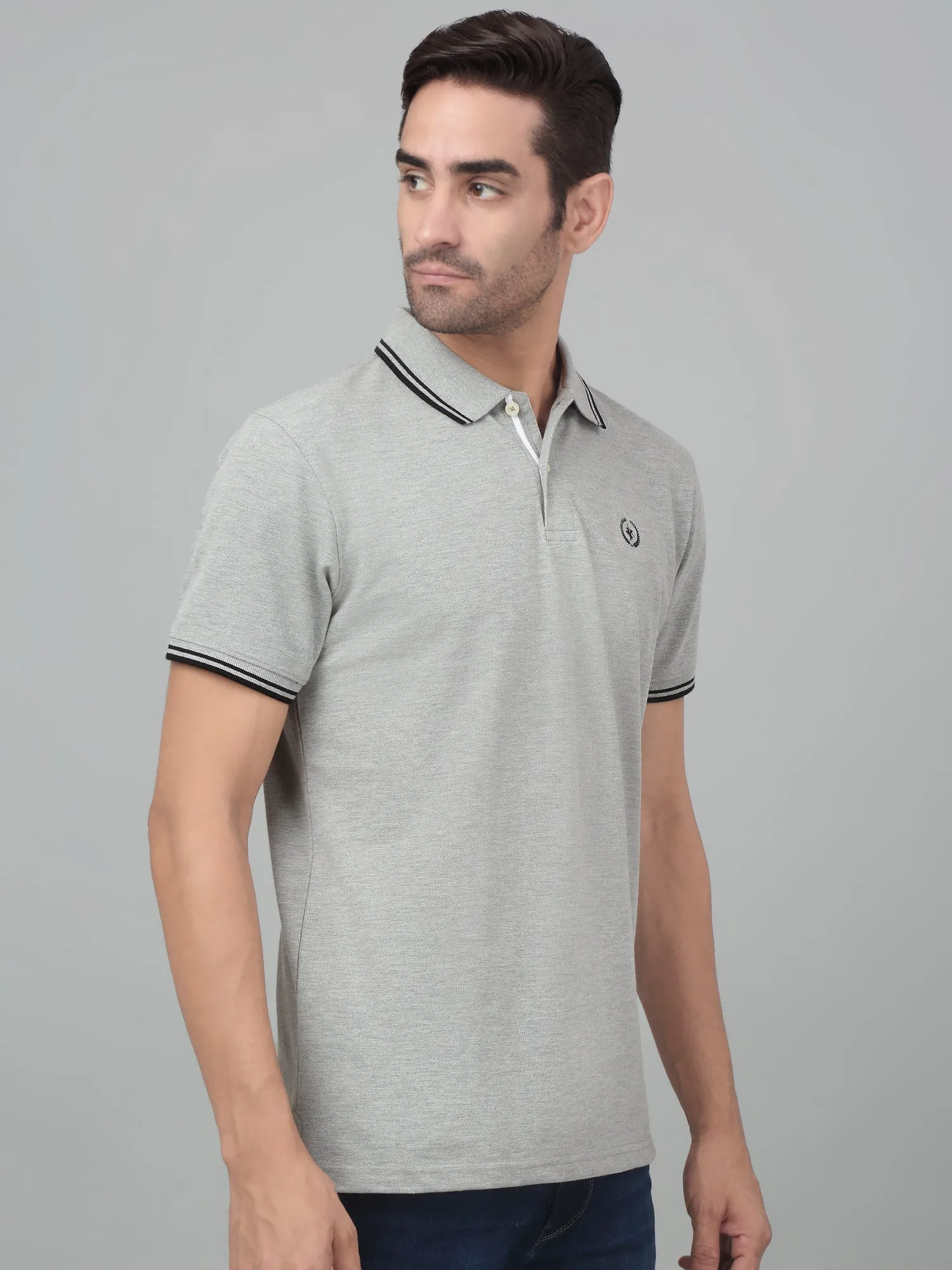 Men's Grey Melange Polo neck Half Sleeve T-Shirt