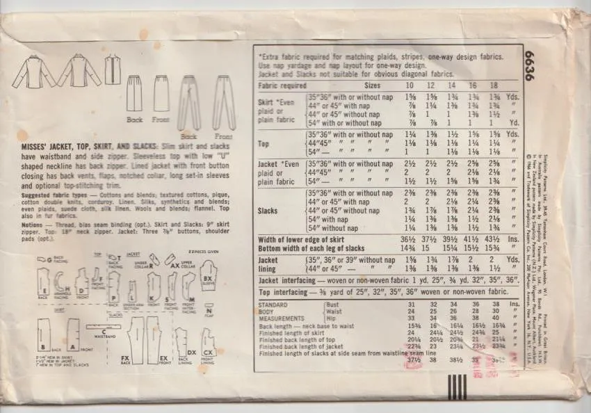 Mod Skirt, Pants & Jacket - Bust 86 cm -  Vintage Pattern -  Simplicity 6636 - 1966