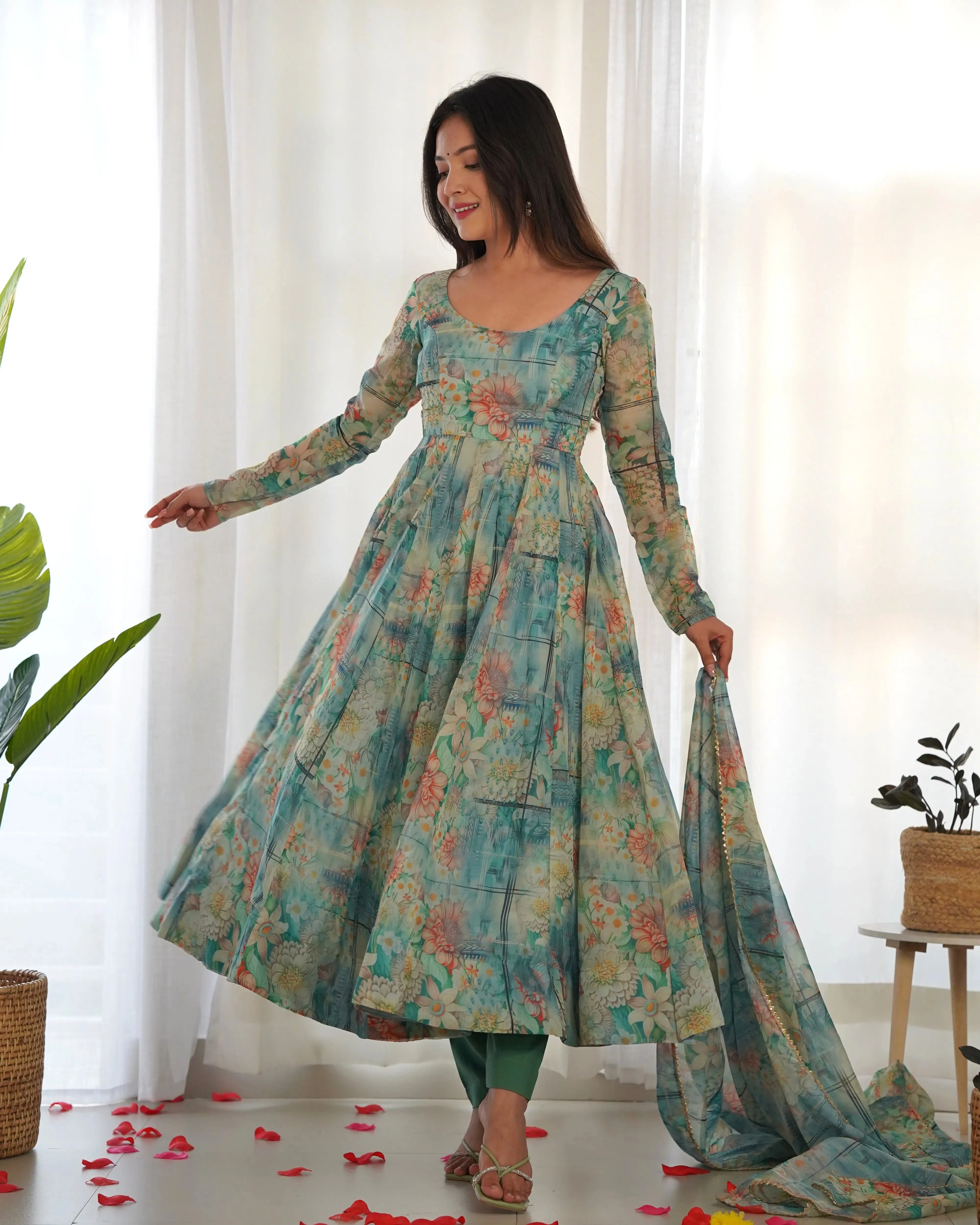 Multi Color Organza Silk Anarkali Pant Suit With Dupatta