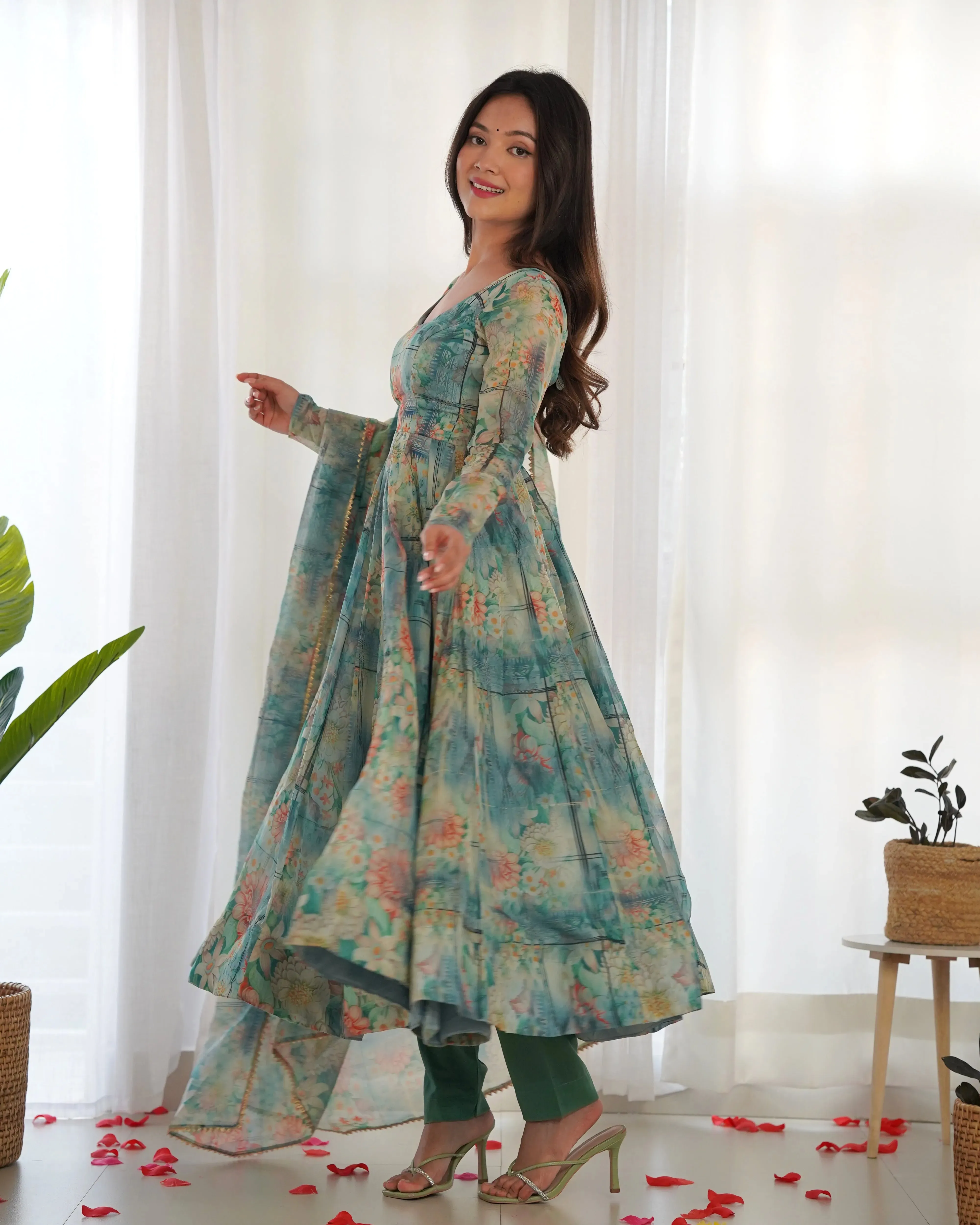 Multi Color Organza Silk Anarkali Pant Suit With Dupatta