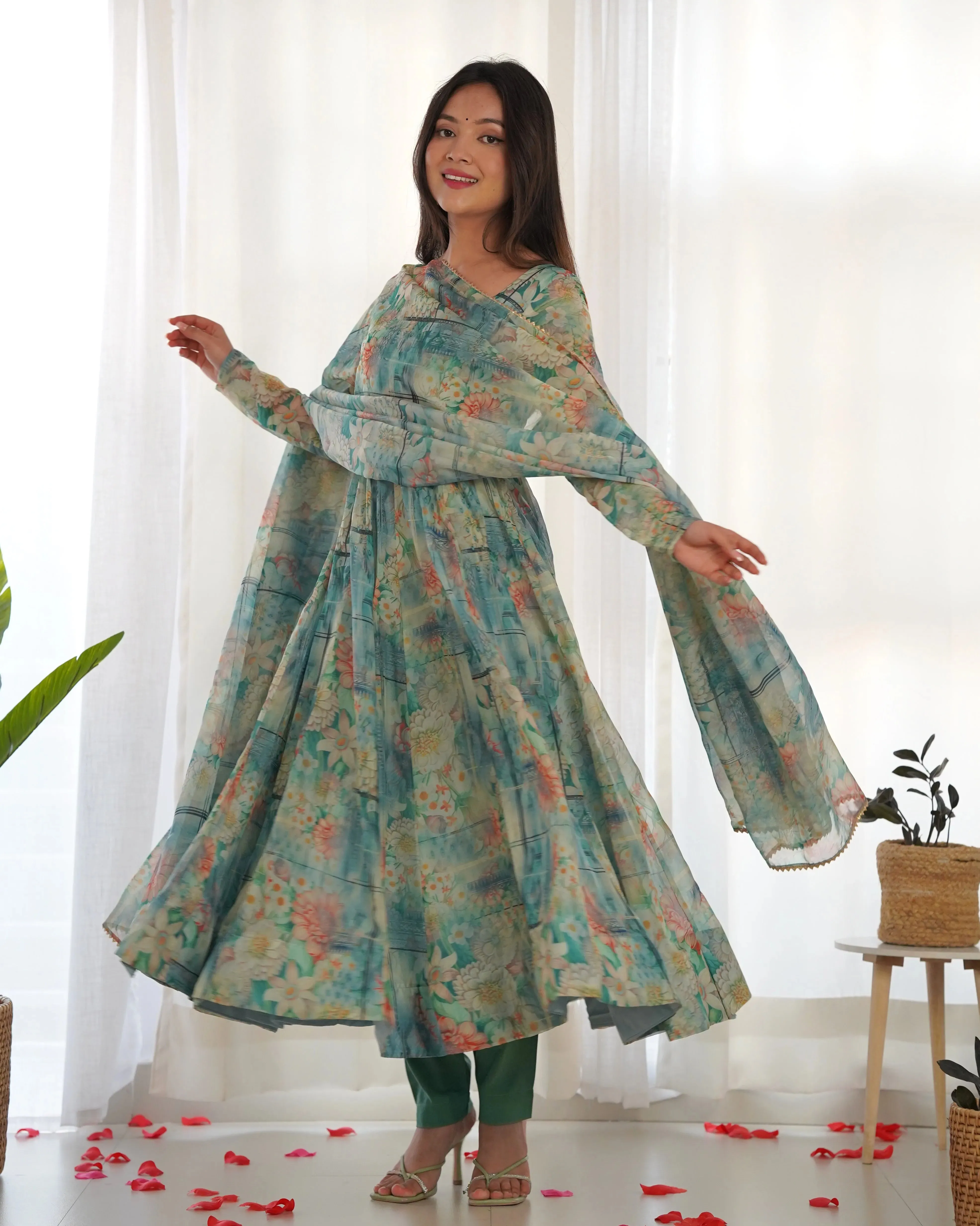 Multi Color Organza Silk Anarkali Pant Suit With Dupatta