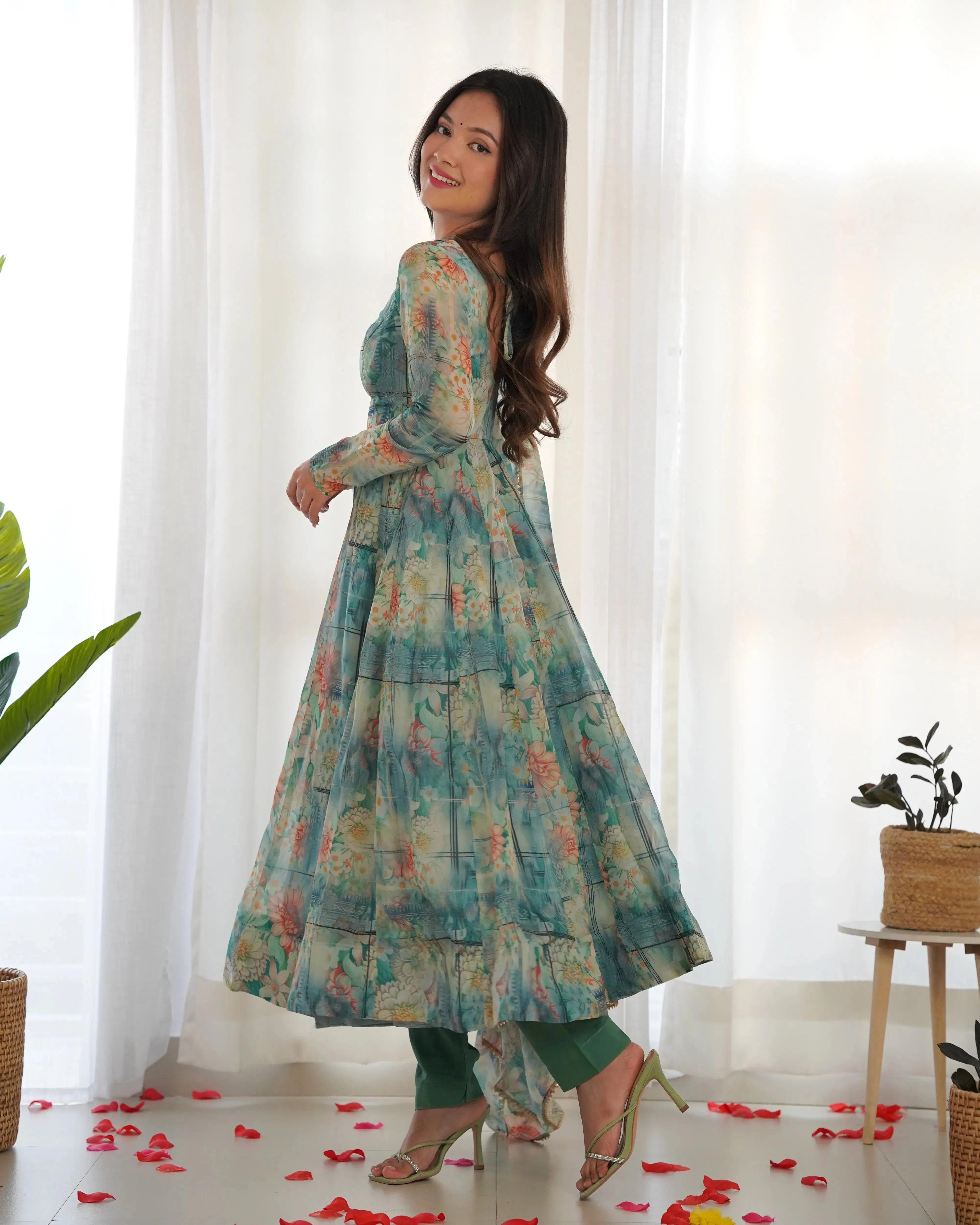 Multi Color Organza Silk Anarkali Pant Suit With Dupatta