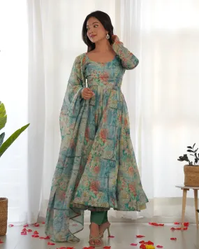 Multi Color Organza Silk Anarkali Pant Suit With Dupatta