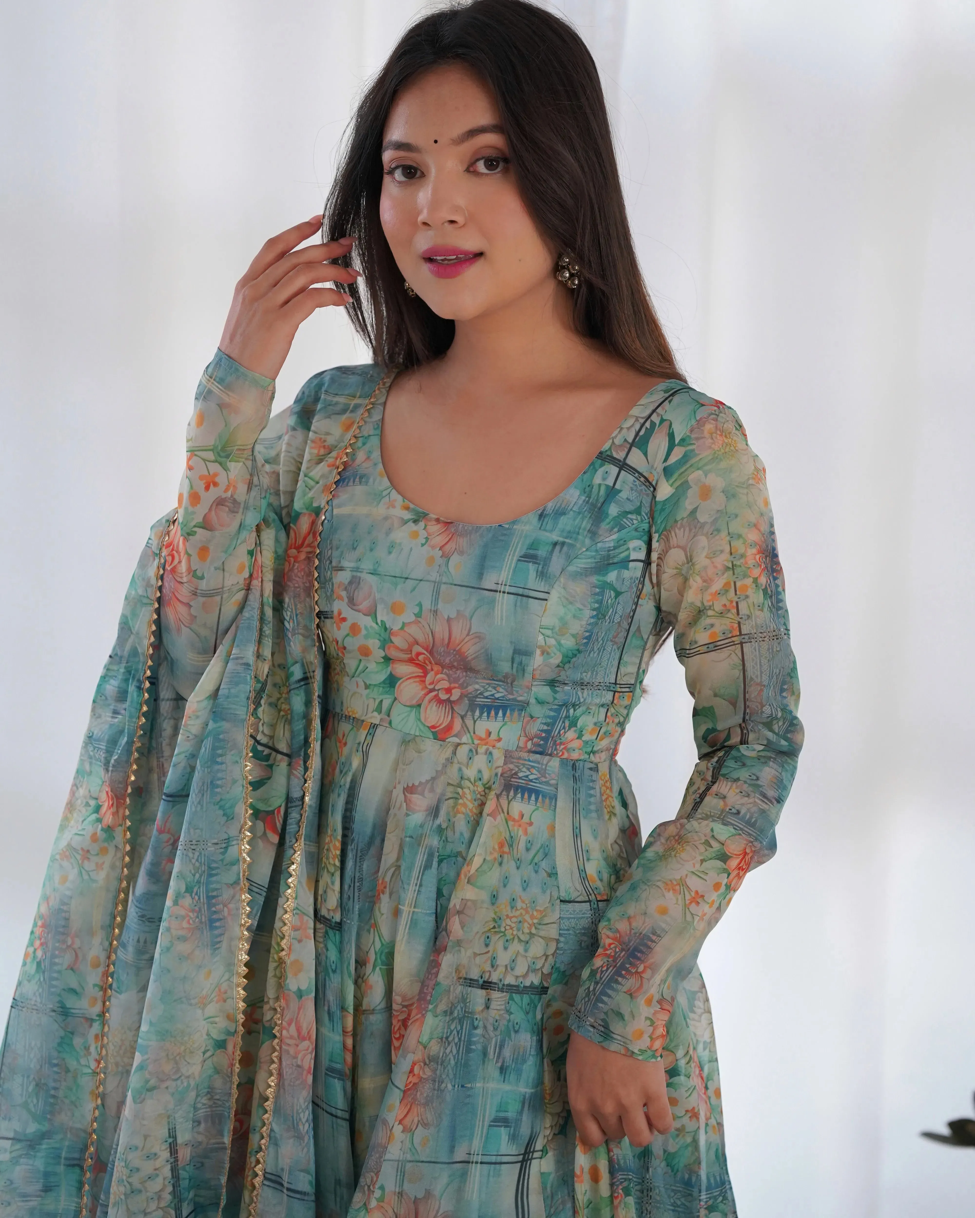 Multi Color Organza Silk Anarkali Pant Suit With Dupatta