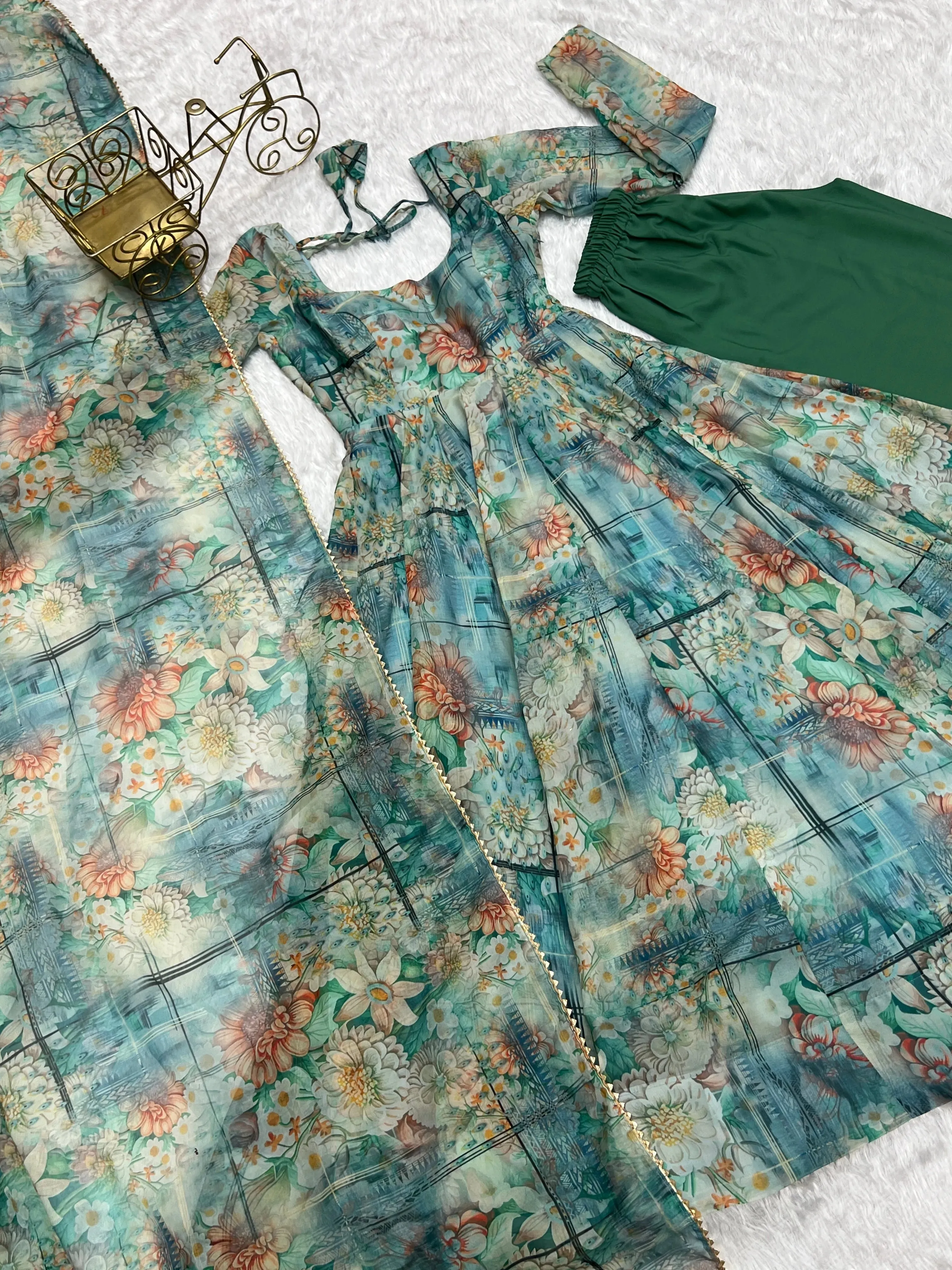 Multi Color Organza Silk Anarkali Pant Suit With Dupatta
