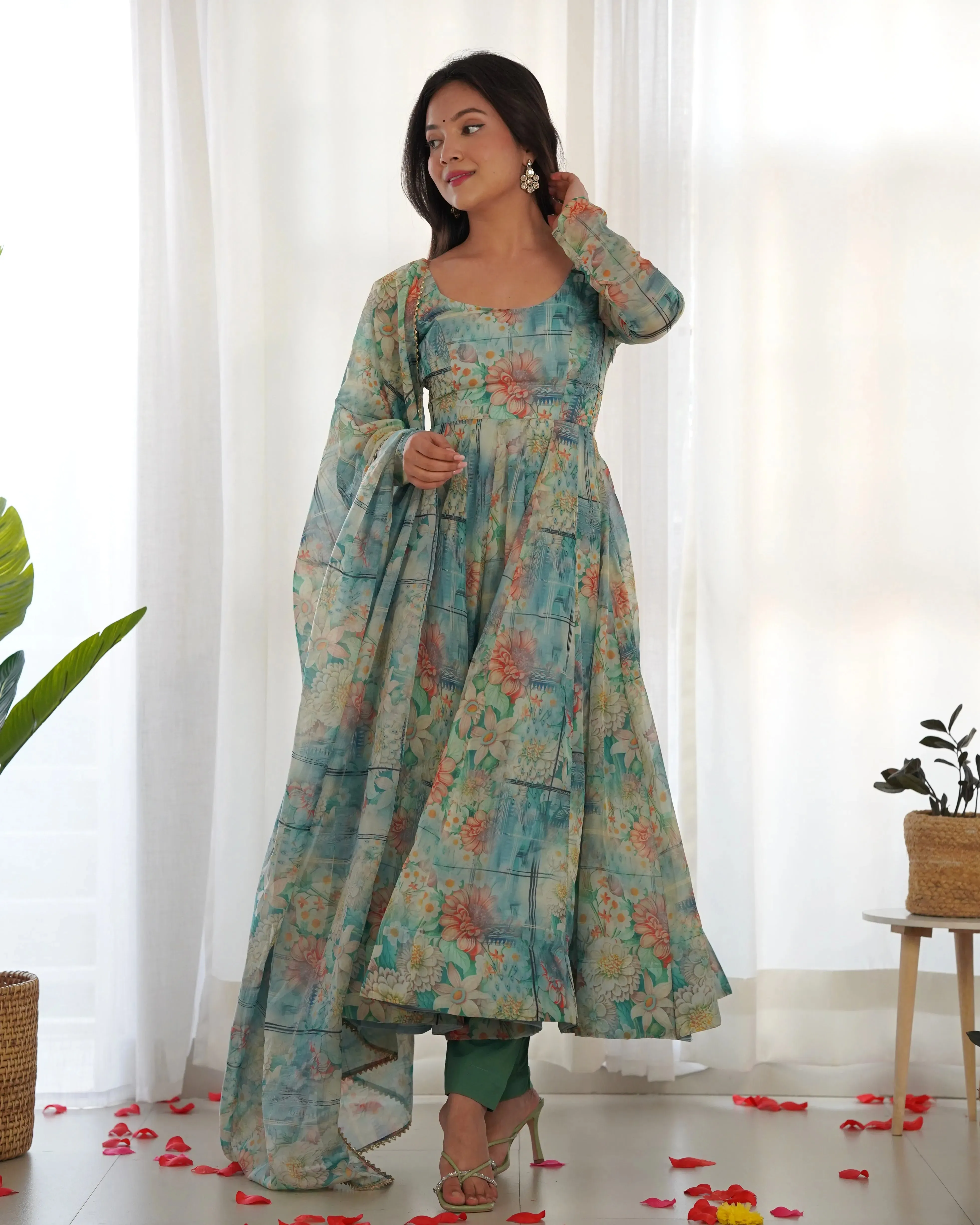 Multi Color Organza Silk Anarkali Pant Suit With Dupatta