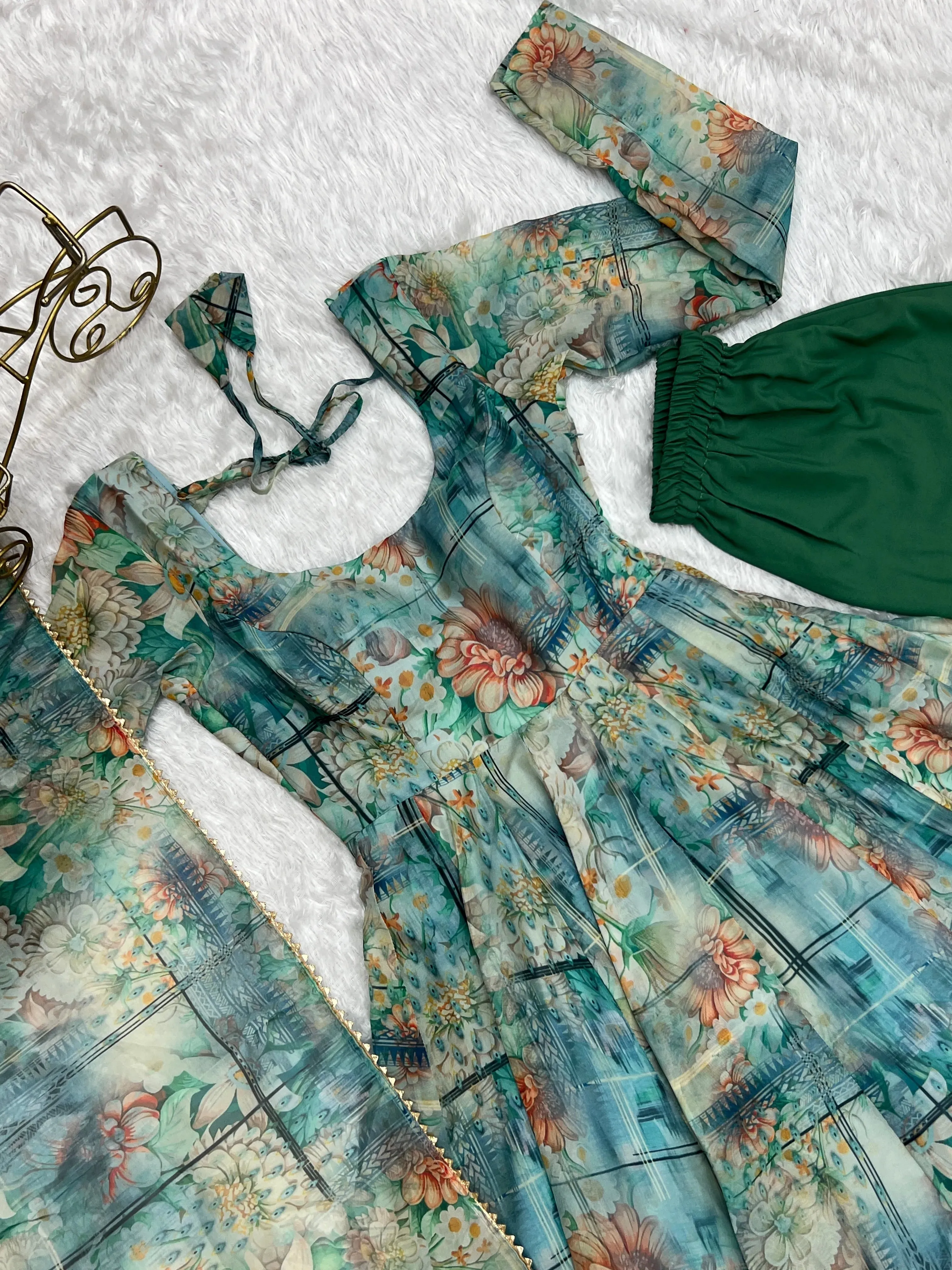Multi Color Organza Silk Anarkali Pant Suit With Dupatta