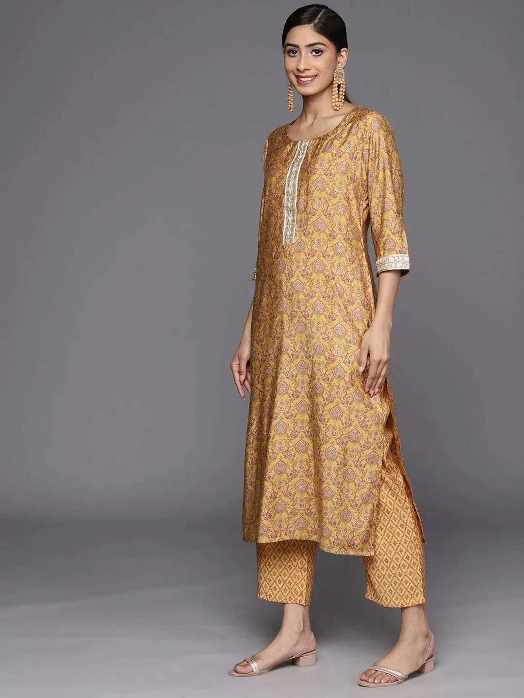 Mustard Printed Silk Blend Straight Kurta With Trousers & Dupatta