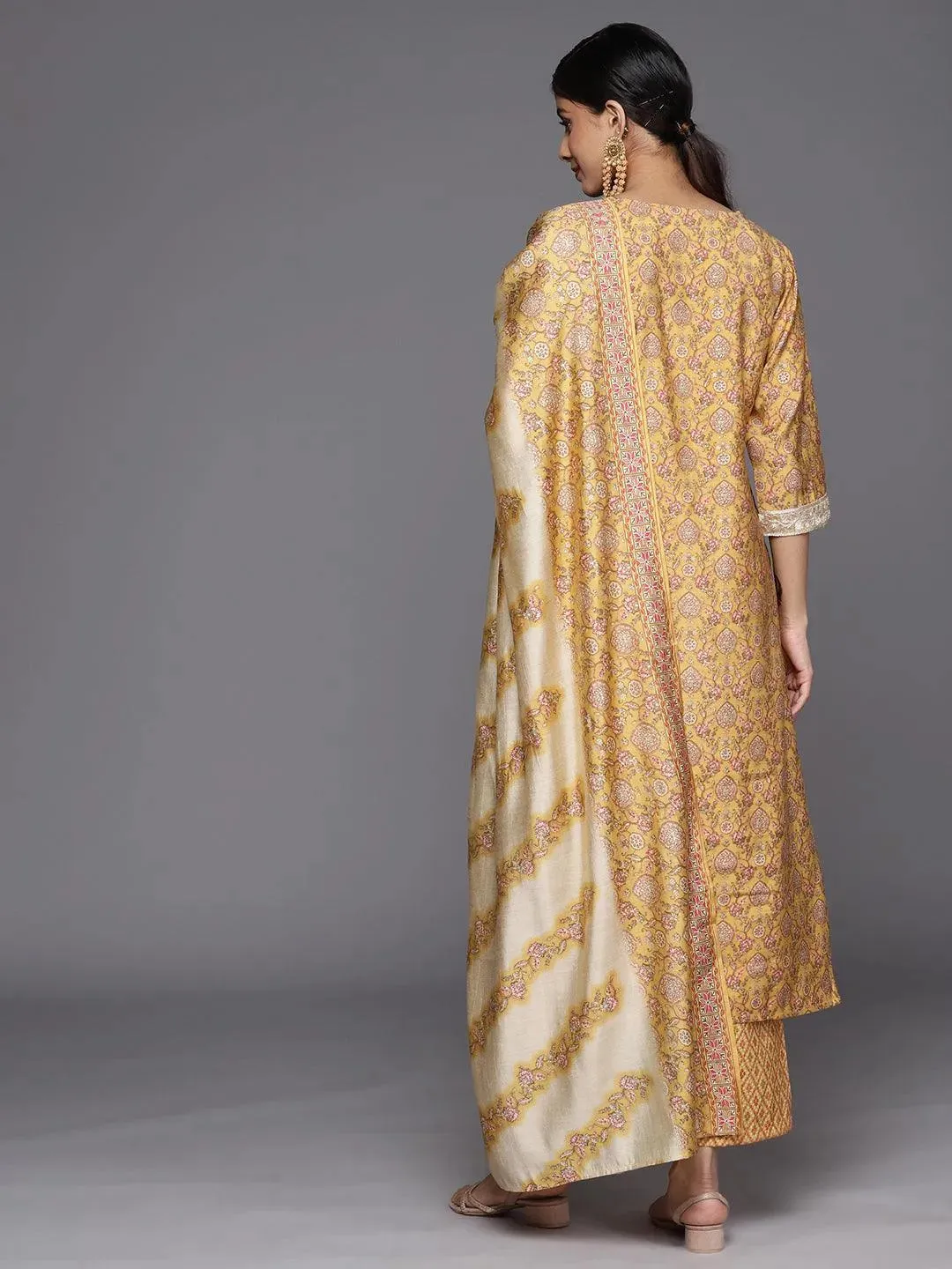 Mustard Printed Silk Blend Straight Kurta With Trousers & Dupatta