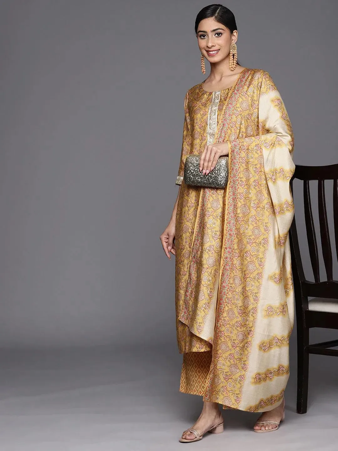 Mustard Printed Silk Blend Straight Kurta With Trousers & Dupatta