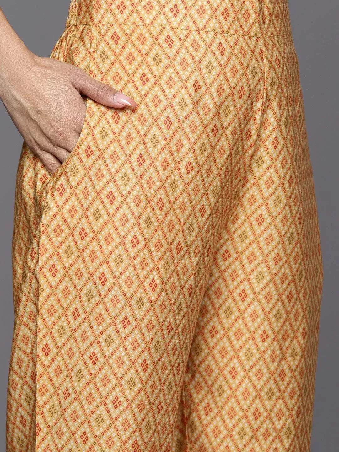 Mustard Printed Silk Blend Straight Kurta With Trousers & Dupatta
