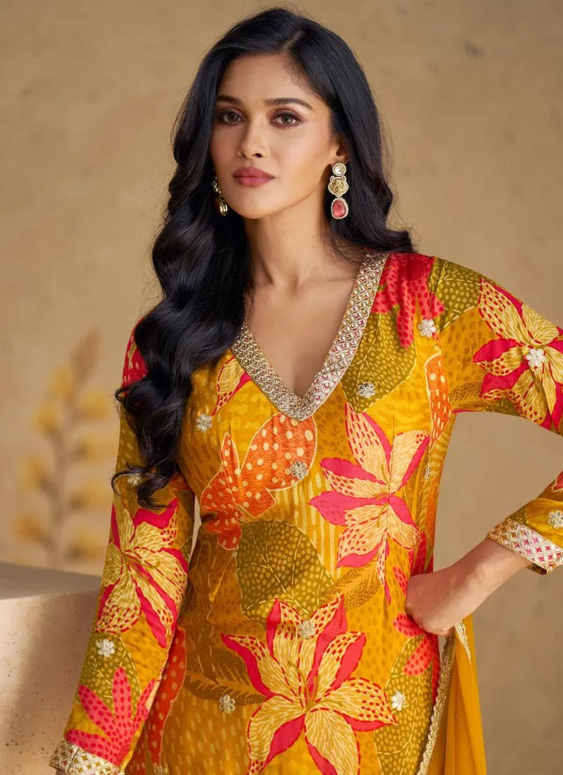 Mustard Yellow Floral Digital Printed Embroidered Top Sharara Suit