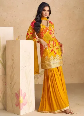 Mustard Yellow Floral Digital Printed Embroidered Top Sharara Suit