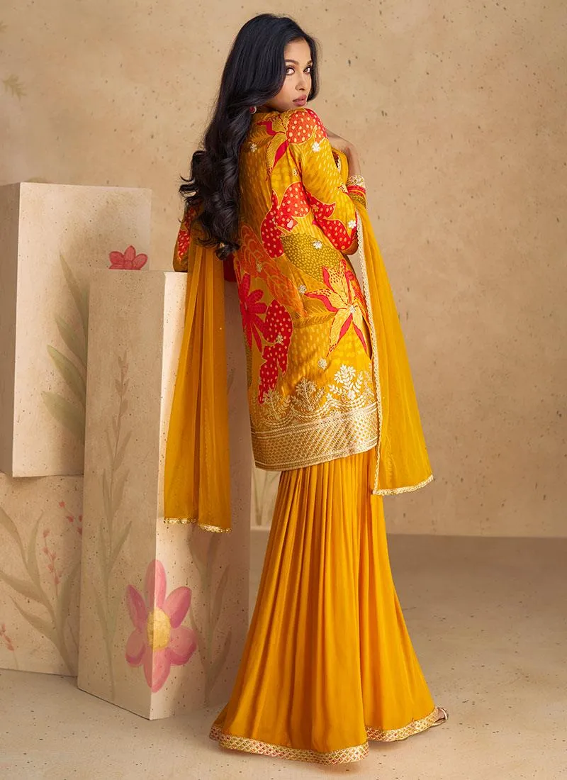 Mustard Yellow Floral Digital Printed Embroidered Top Sharara Suit