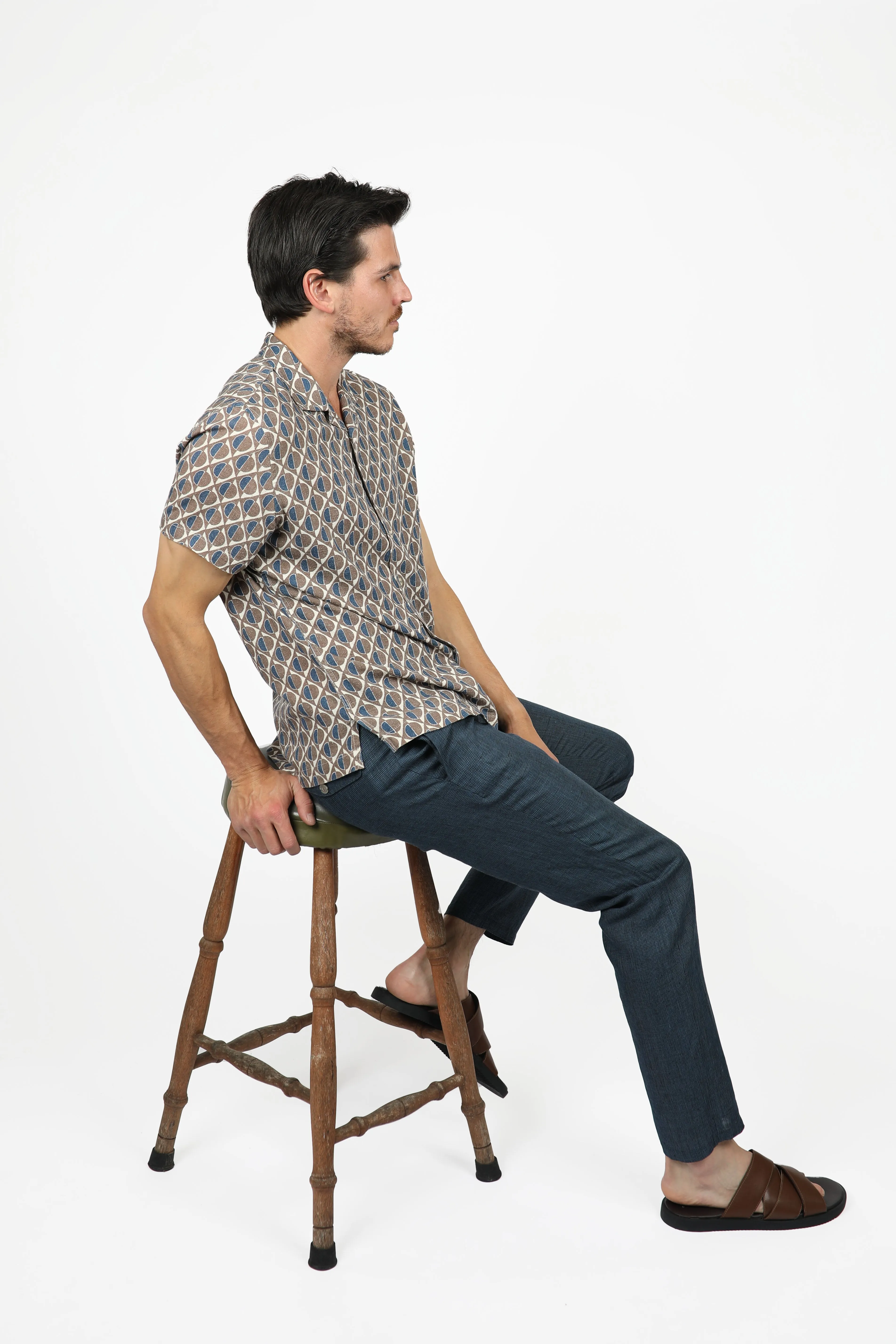 Navy Houndstooth Linen Pant