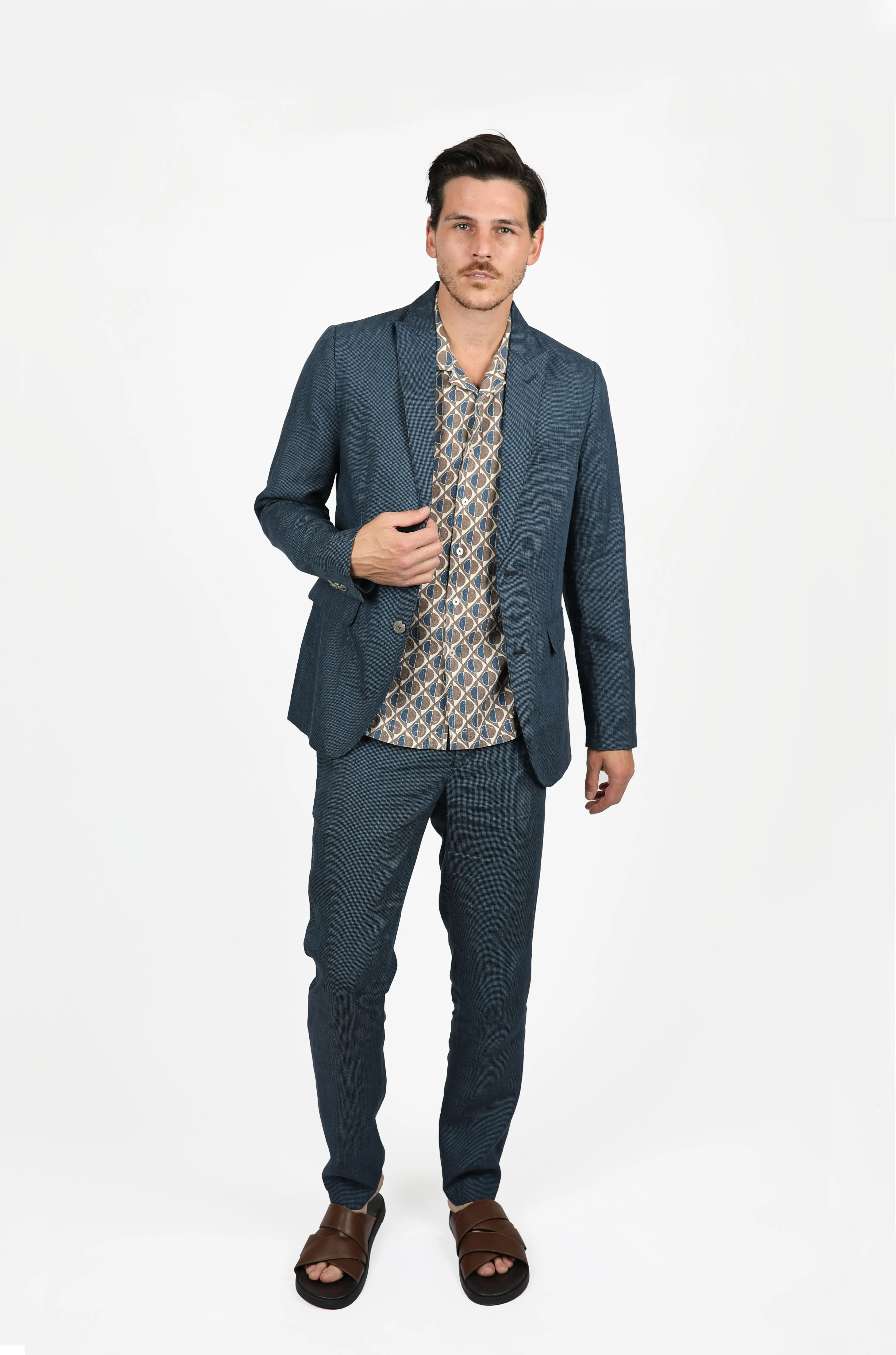 Navy Houndstooth Linen Pant