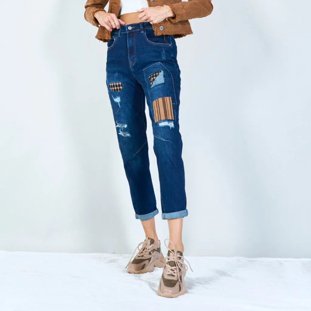 Patched distressed boyfriend jeans wholesale