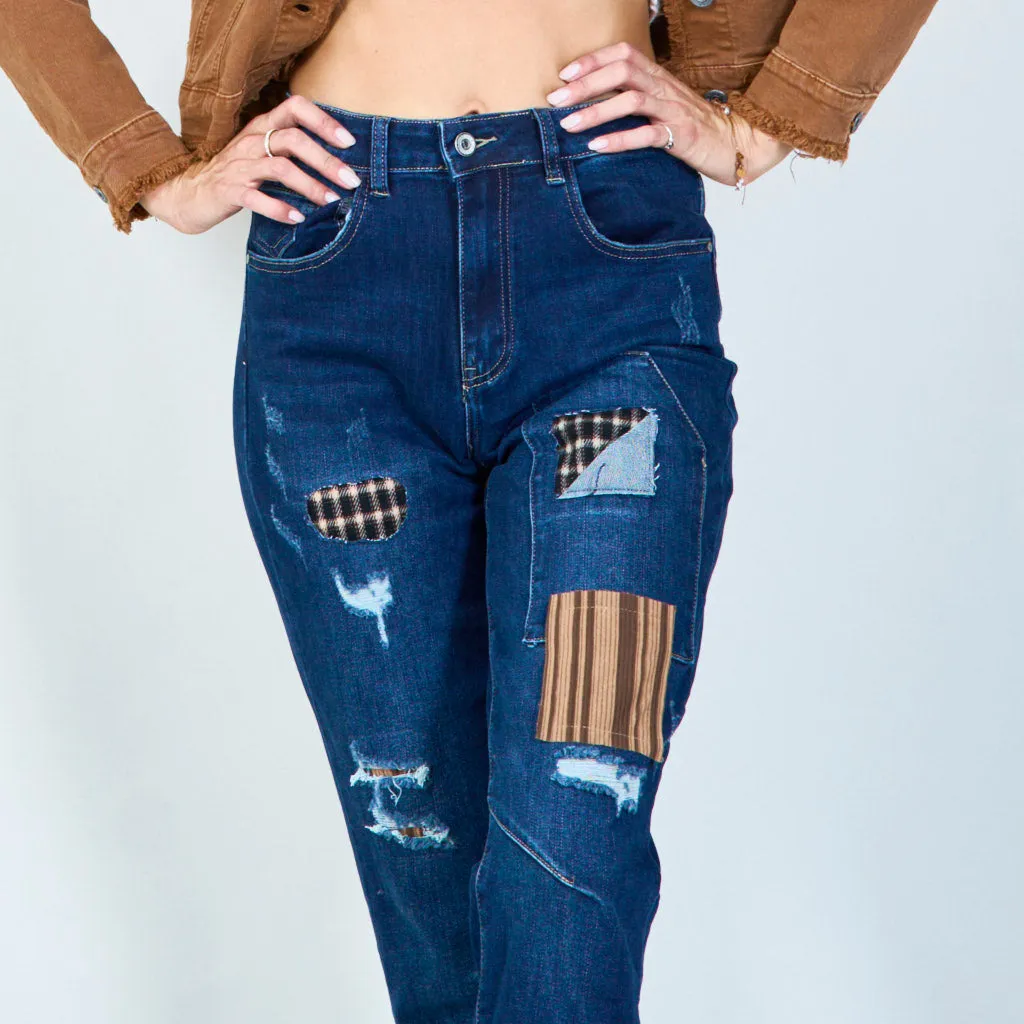 Patched distressed boyfriend jeans wholesale