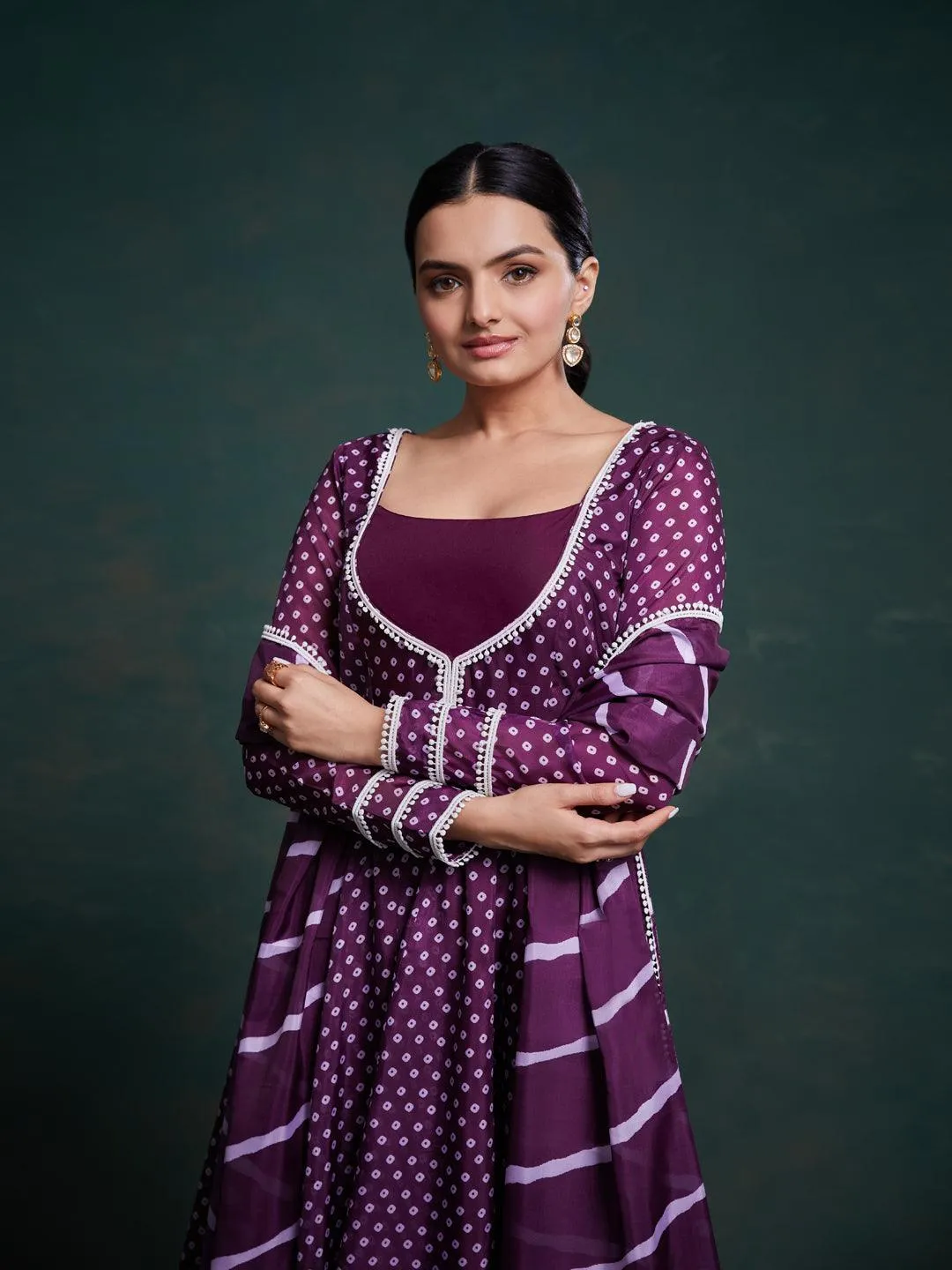 Purple bandhani pattern anarkali suit
