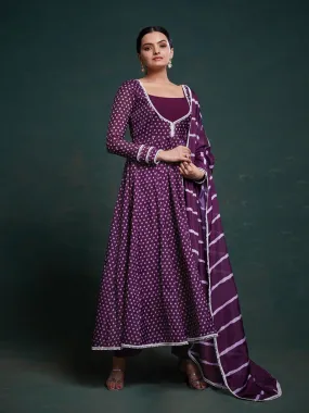 Purple bandhani pattern anarkali suit