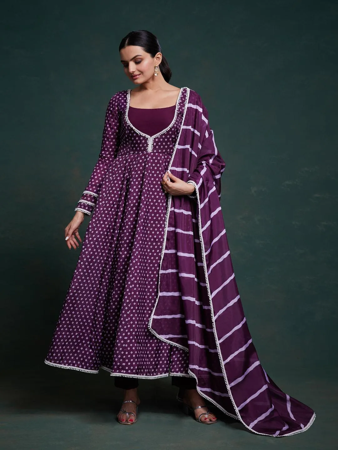 Purple bandhani pattern anarkali suit