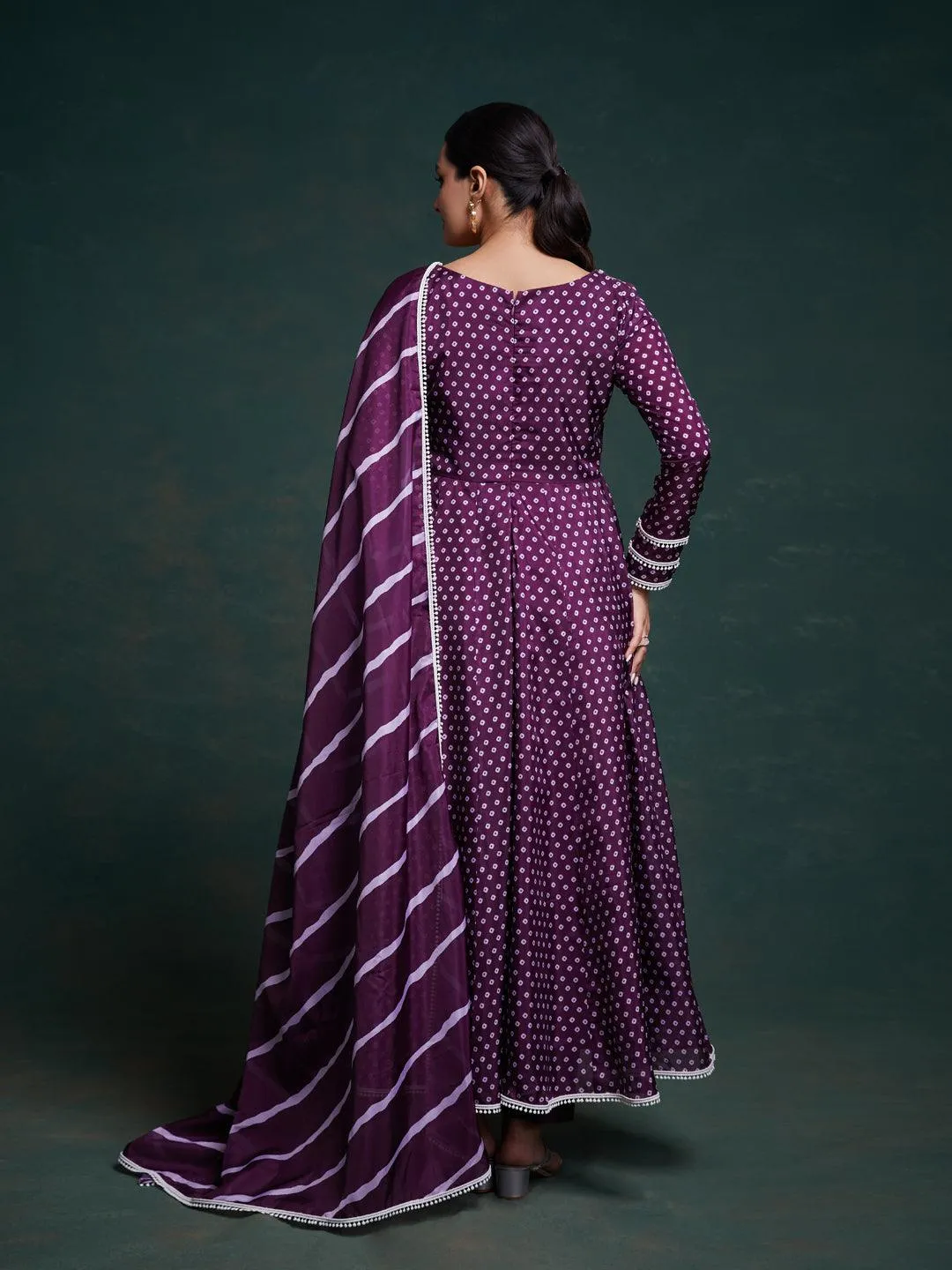 Purple bandhani pattern anarkali suit