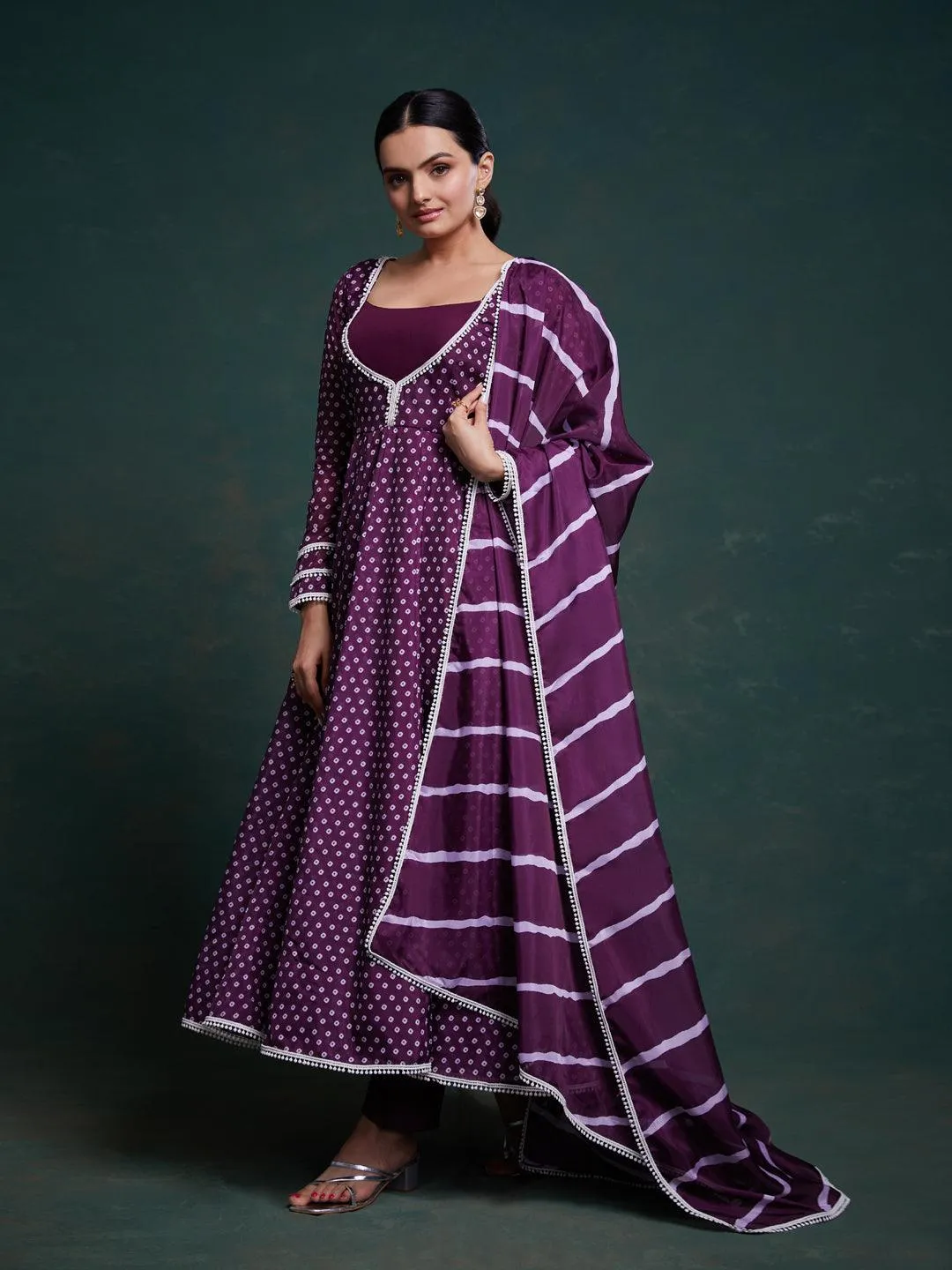 Purple bandhani pattern anarkali suit