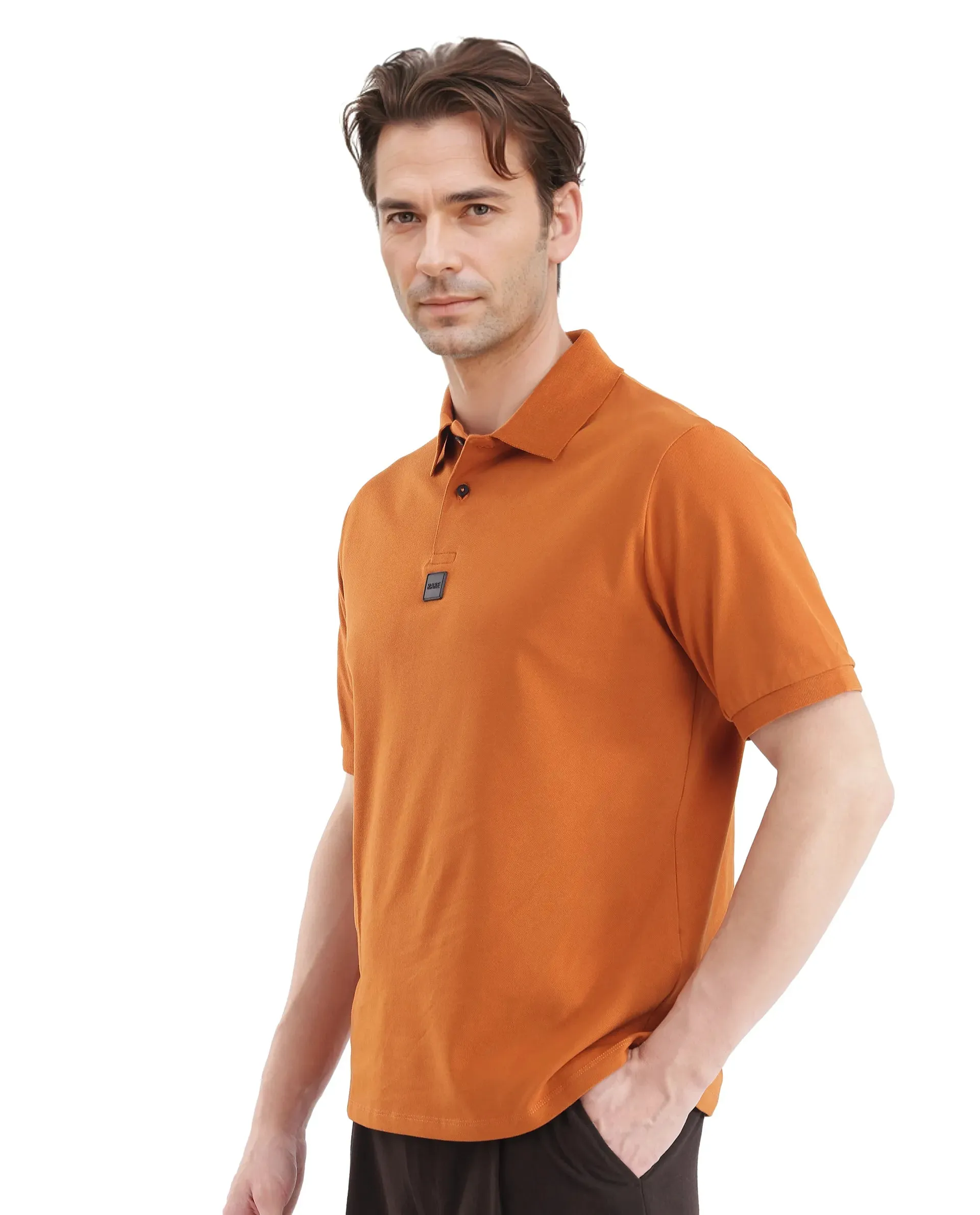 Rare Rabbit Men Mabe Orange Short Sleeve Regular Collar Silicone Badge Branding Flat Knit Plain Polo