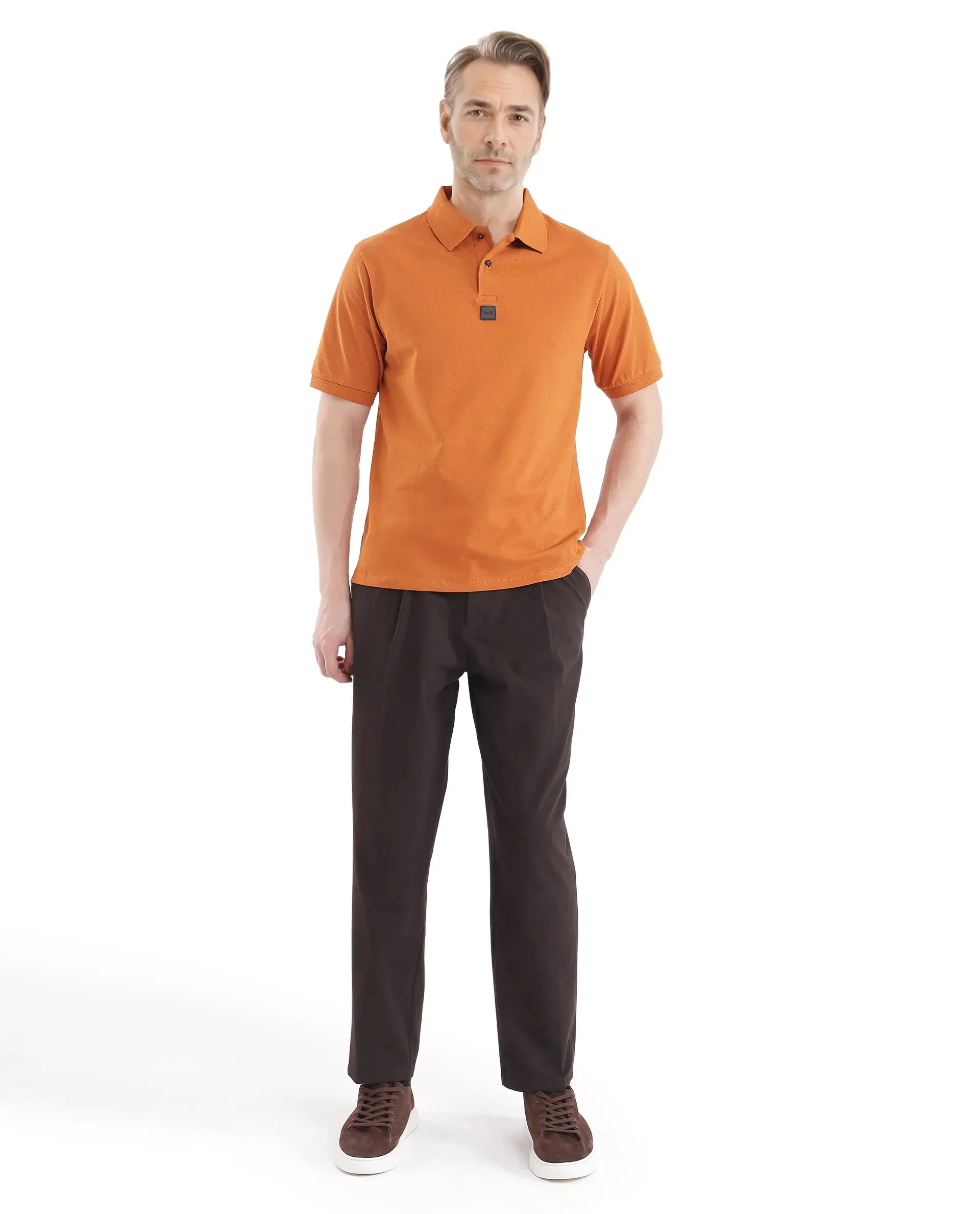 Rare Rabbit Men Mabe Orange Short Sleeve Regular Collar Silicone Badge Branding Flat Knit Plain Polo