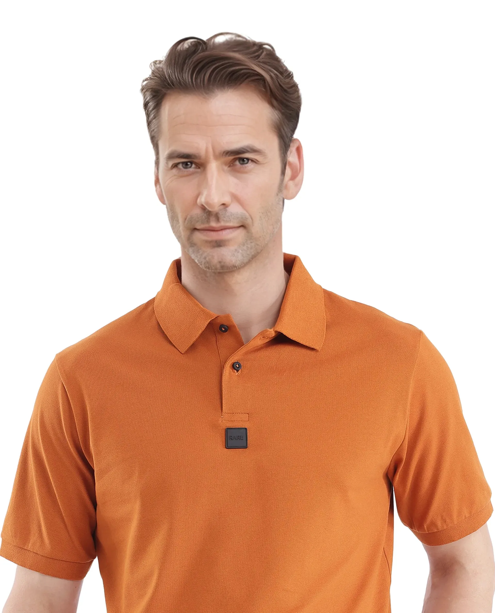 Rare Rabbit Men Mabe Orange Short Sleeve Regular Collar Silicone Badge Branding Flat Knit Plain Polo