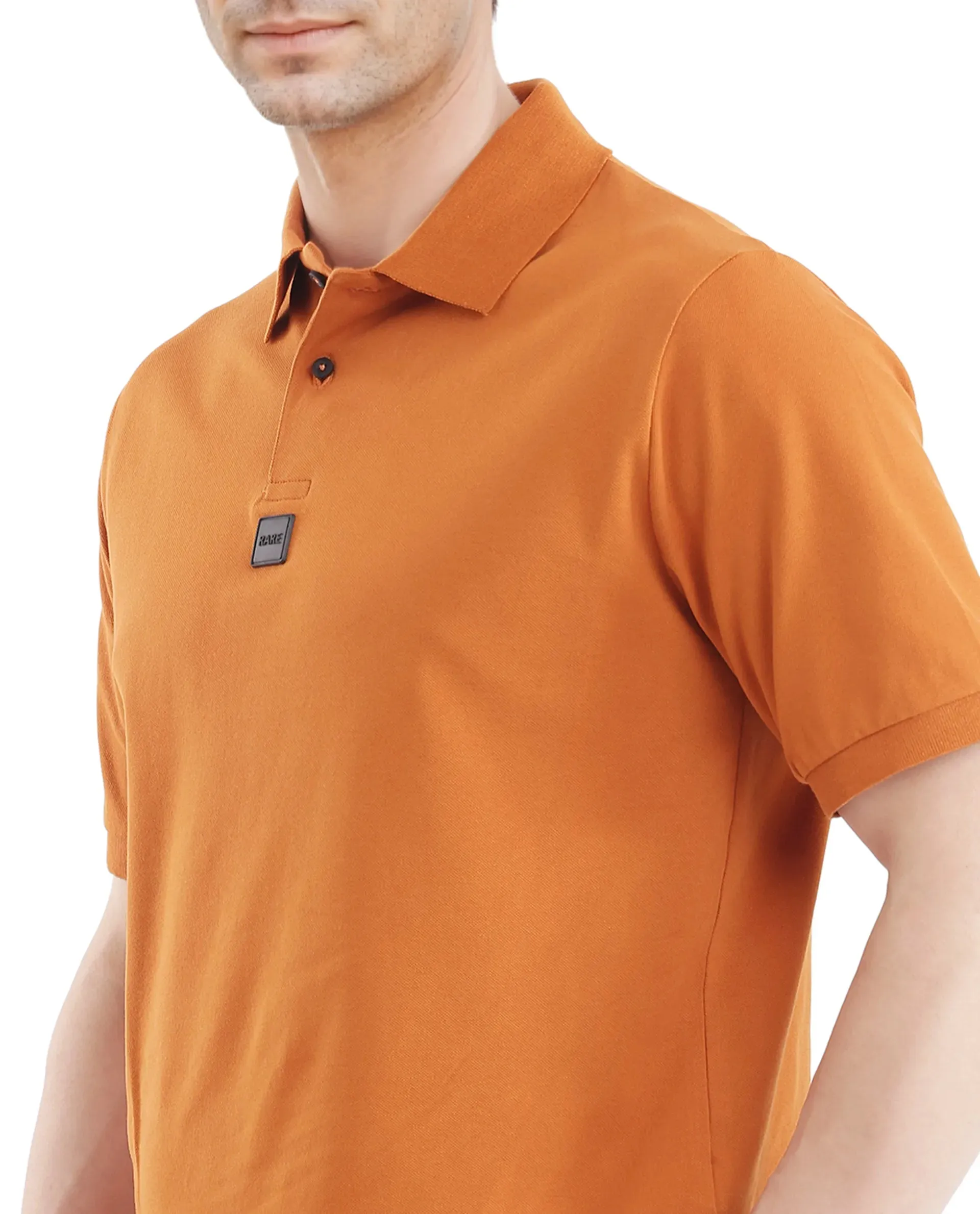 Rare Rabbit Men Mabe Orange Short Sleeve Regular Collar Silicone Badge Branding Flat Knit Plain Polo