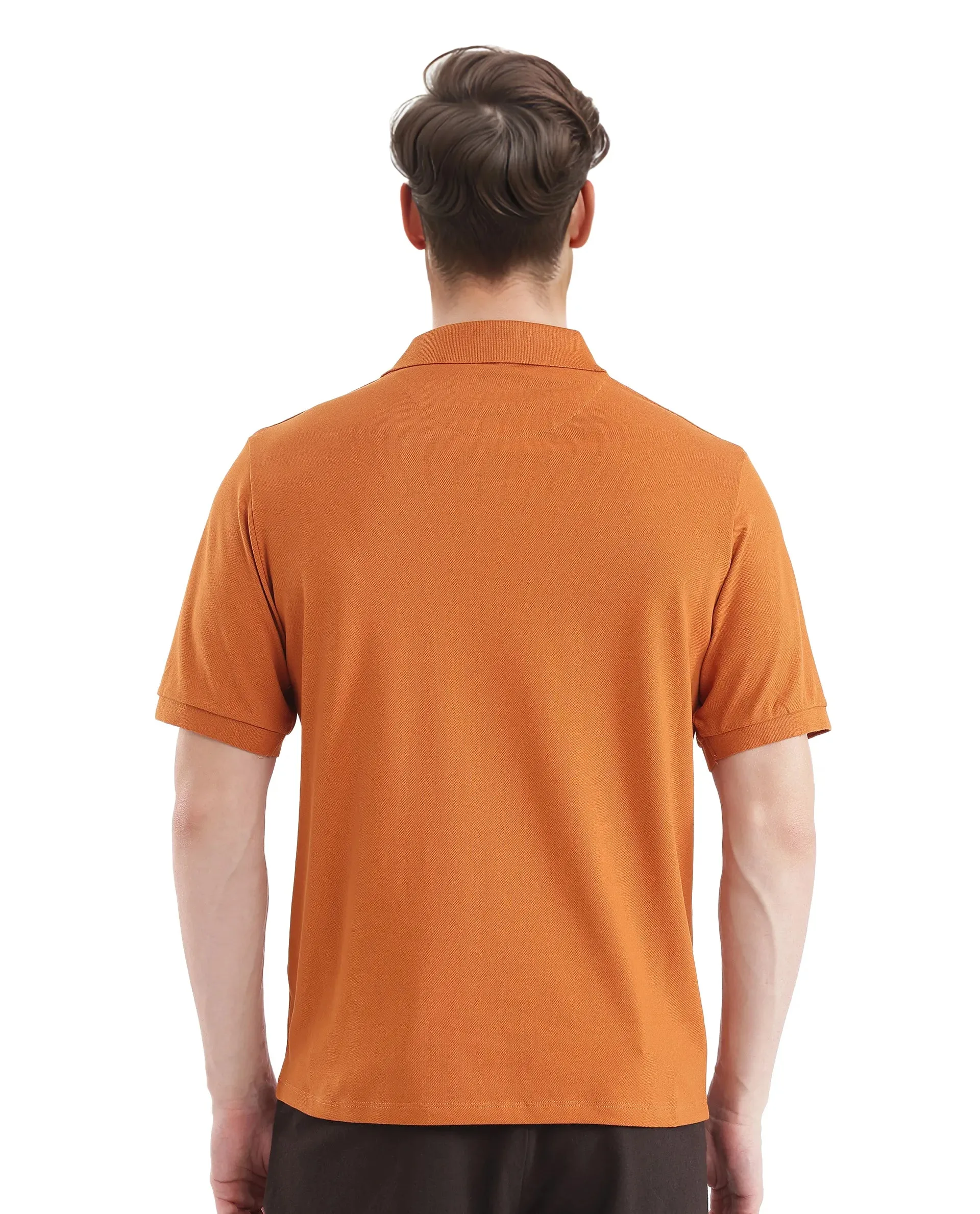 Rare Rabbit Men Mabe Orange Short Sleeve Regular Collar Silicone Badge Branding Flat Knit Plain Polo