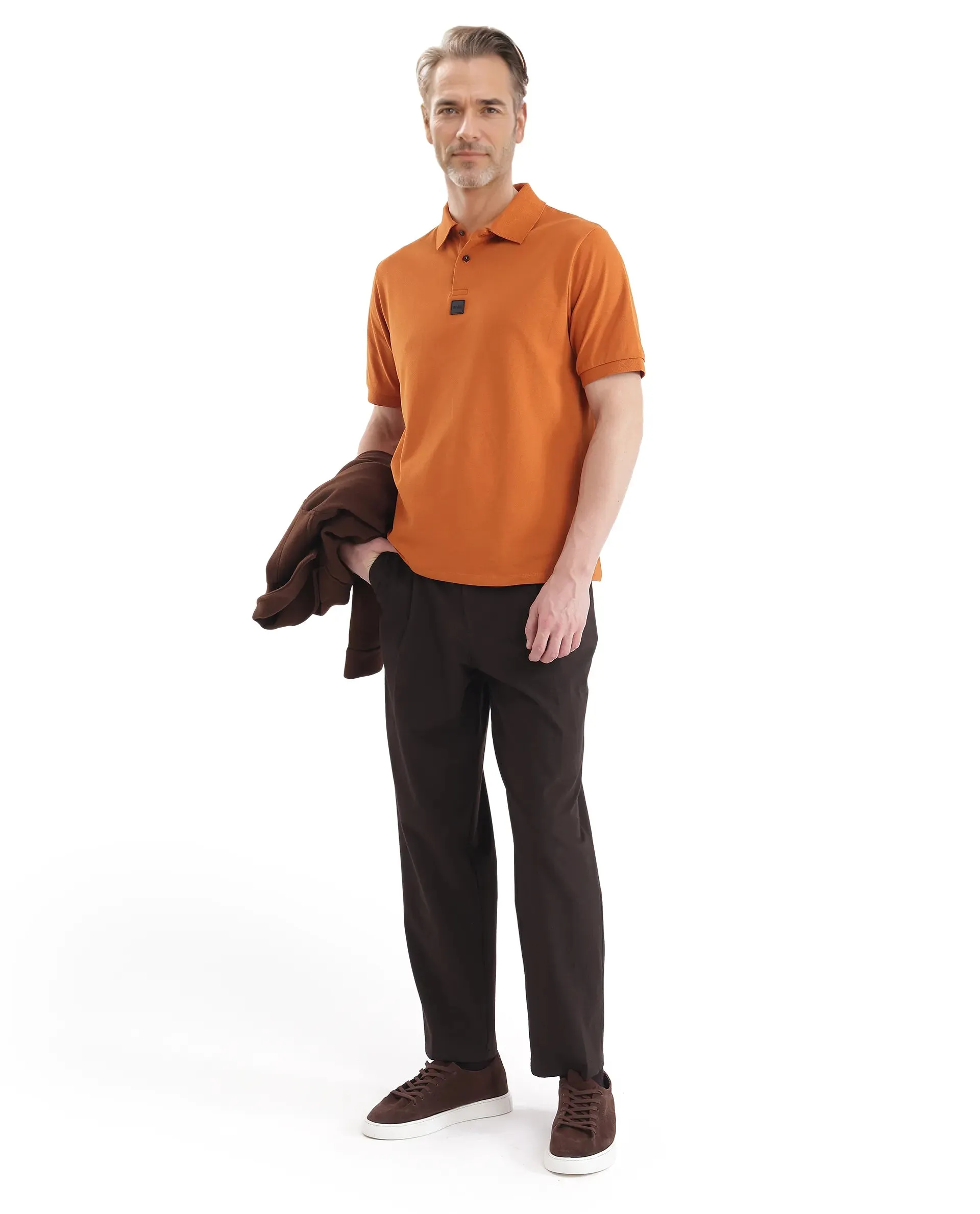 Rare Rabbit Men Mabe Orange Short Sleeve Regular Collar Silicone Badge Branding Flat Knit Plain Polo