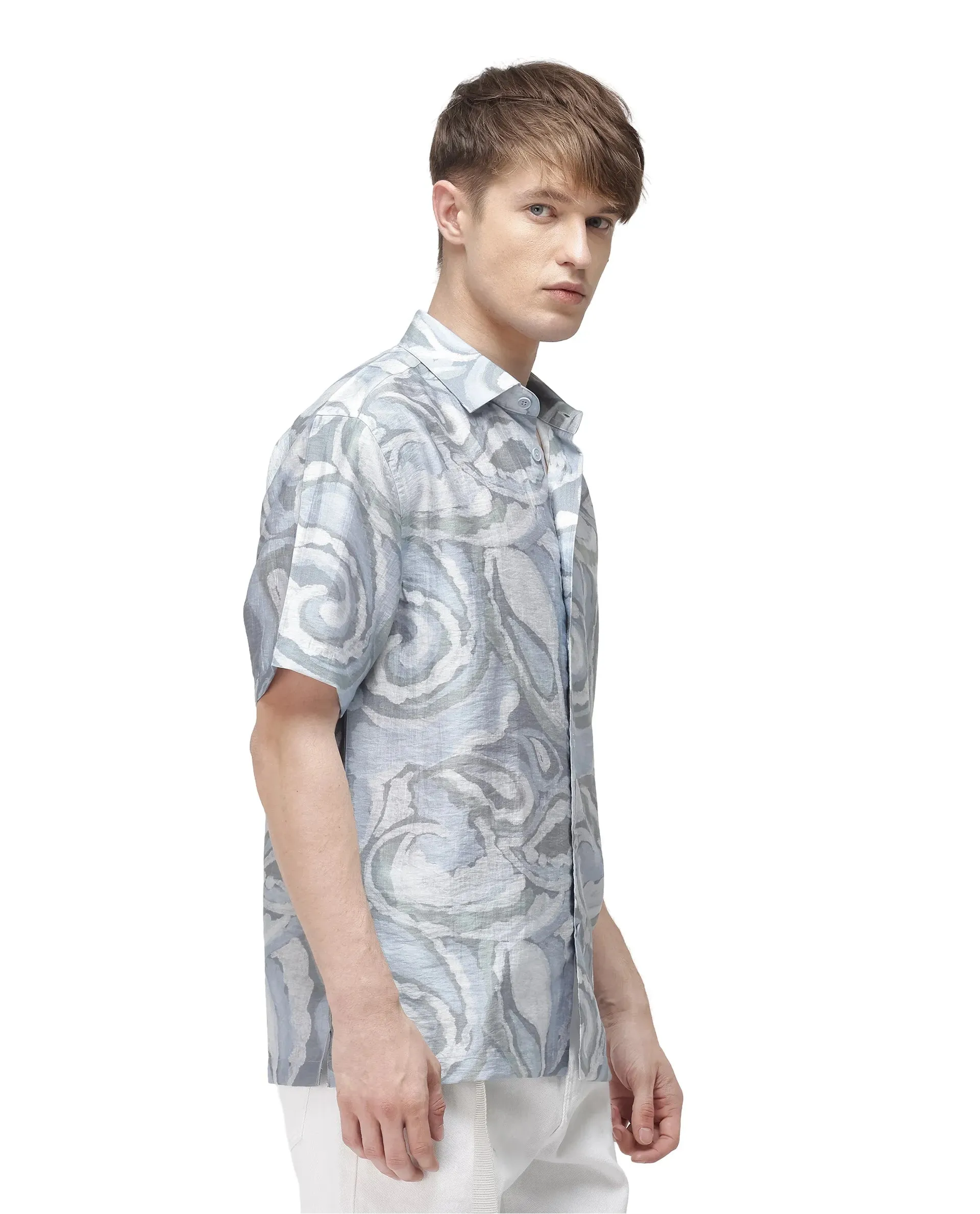 Rare Rabbit Men Tiro Dusky Green Tencil Fabric Half Sleeve Button Closure Floral Printed Shirt