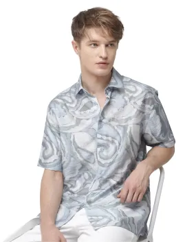 Rare Rabbit Men Tiro Dusky Green Tencil Fabric Half Sleeve Button Closure Floral Printed Shirt