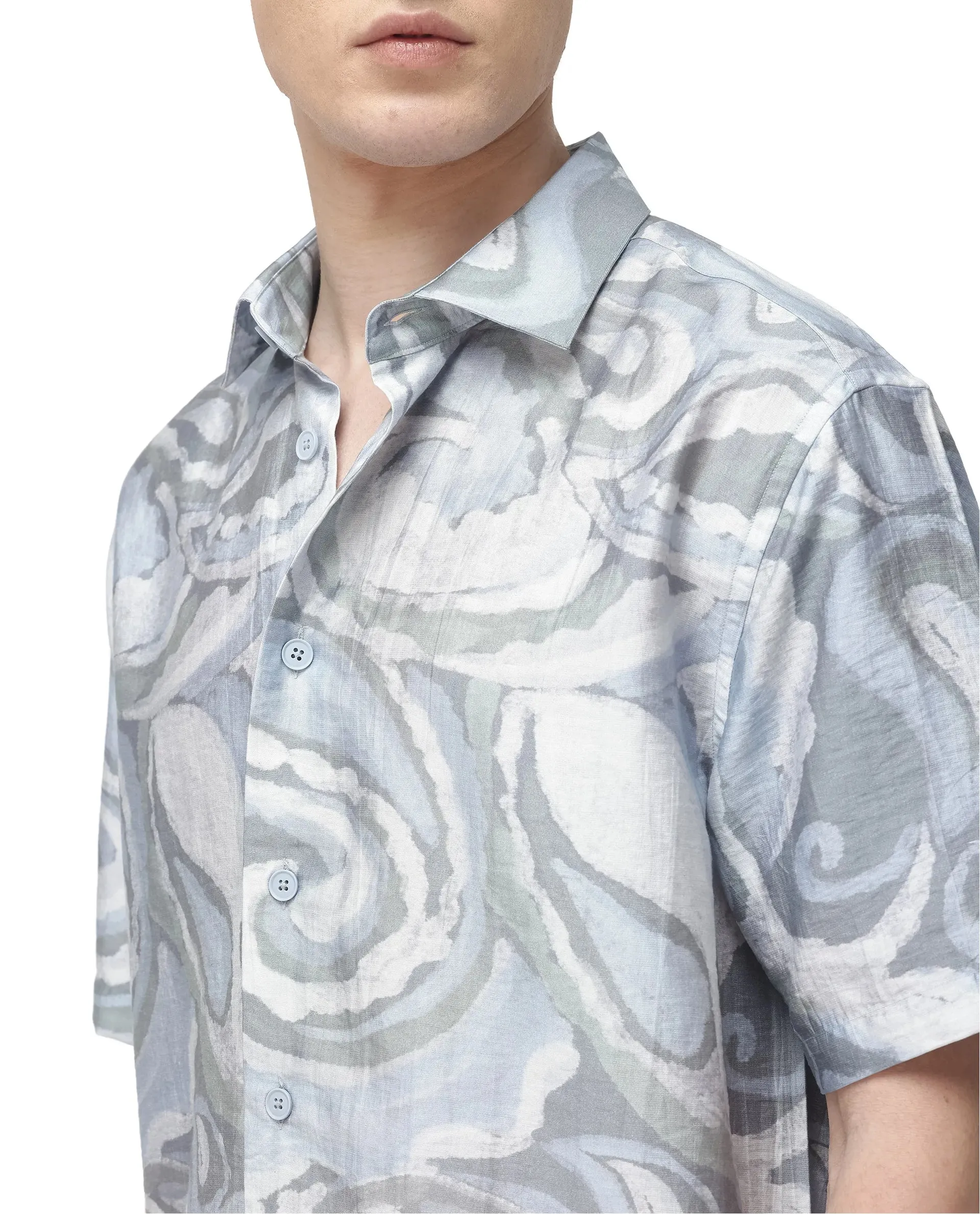 Rare Rabbit Men Tiro Dusky Green Tencil Fabric Half Sleeve Button Closure Floral Printed Shirt