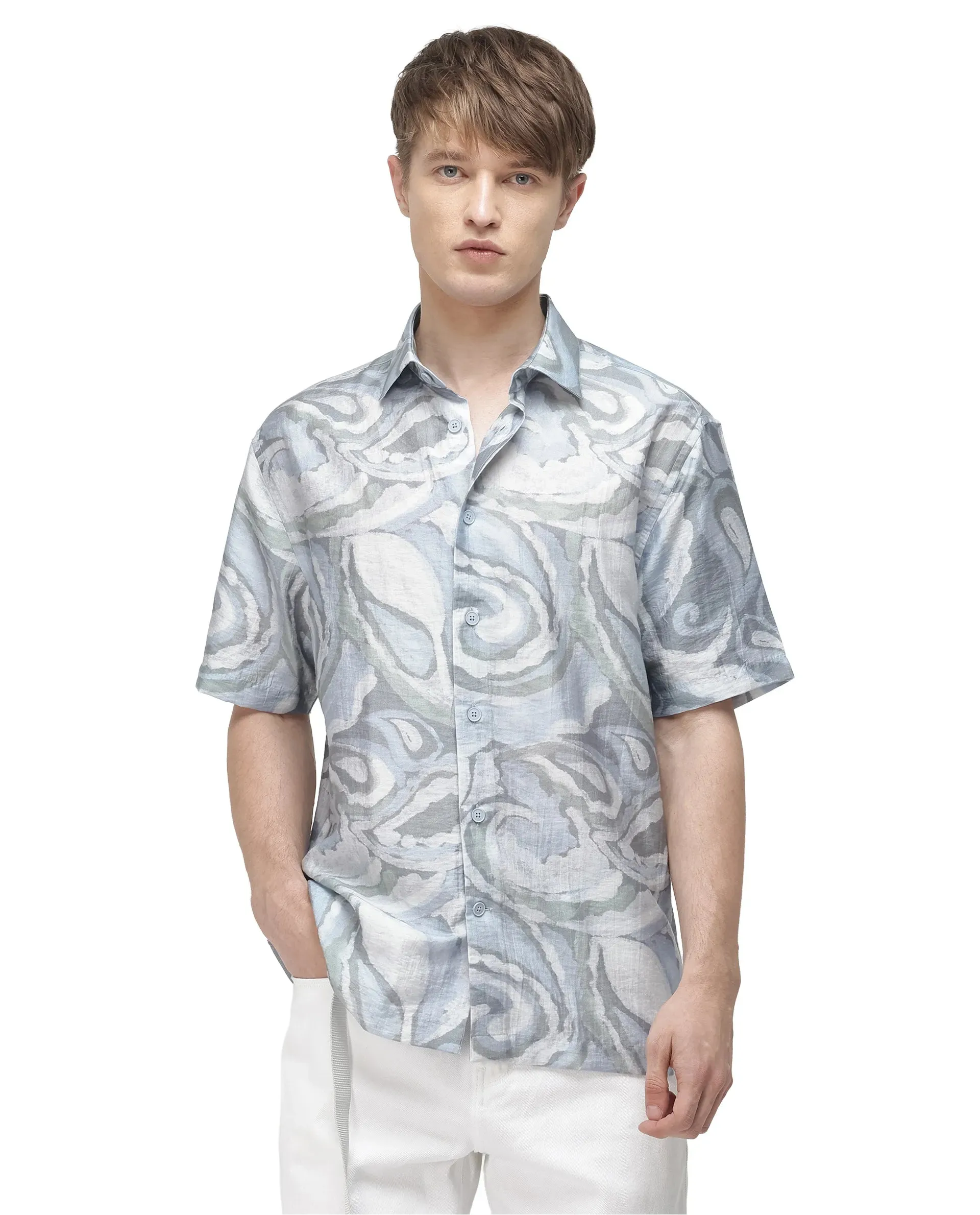 Rare Rabbit Men Tiro Dusky Green Tencil Fabric Half Sleeve Button Closure Floral Printed Shirt