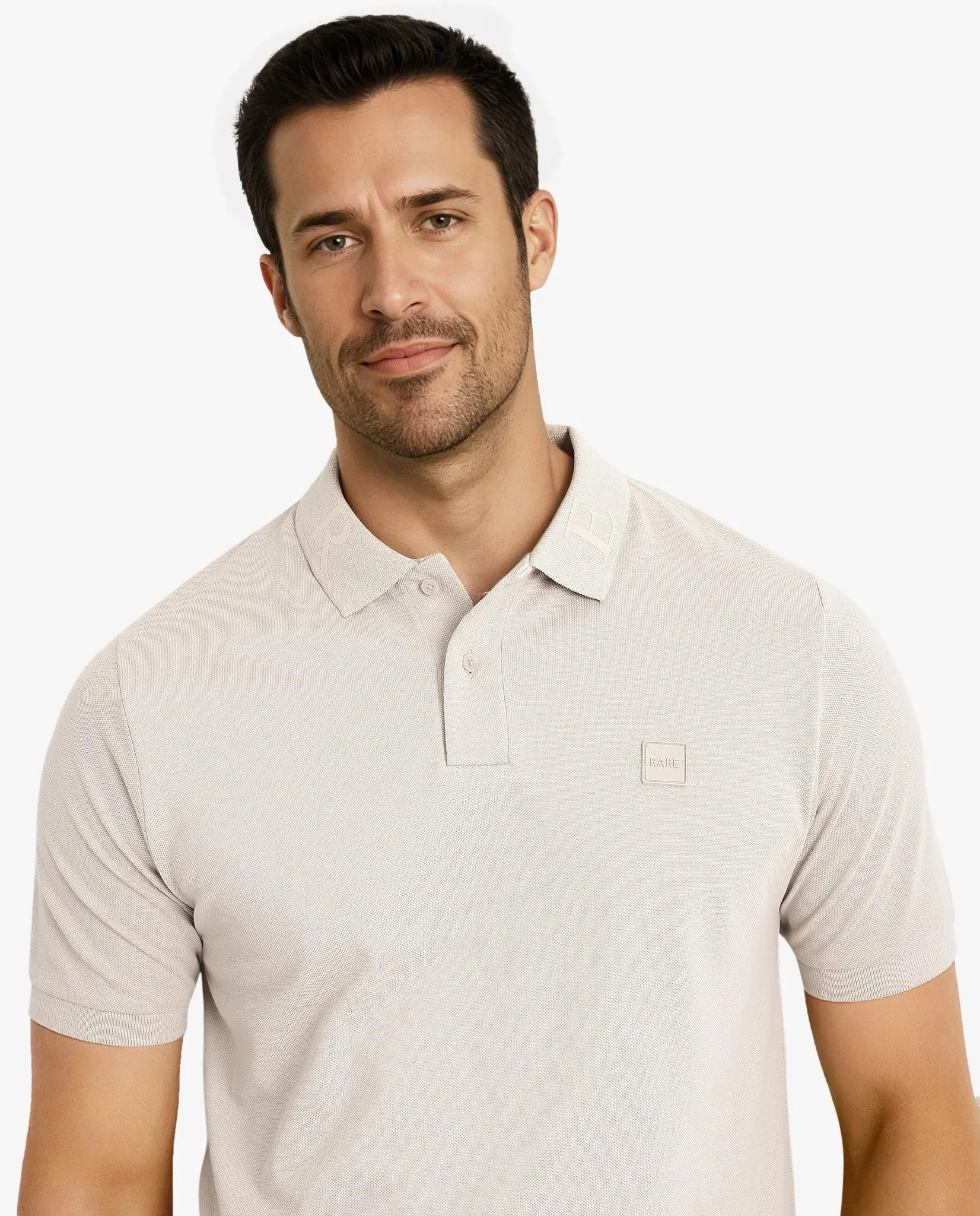 Rare Rabbit Men's Clif Dusky Beige Cotton Fabric Short Sleeves Printed Detailing On Collar Regular Fit Plain Knit Polo T-Shirt