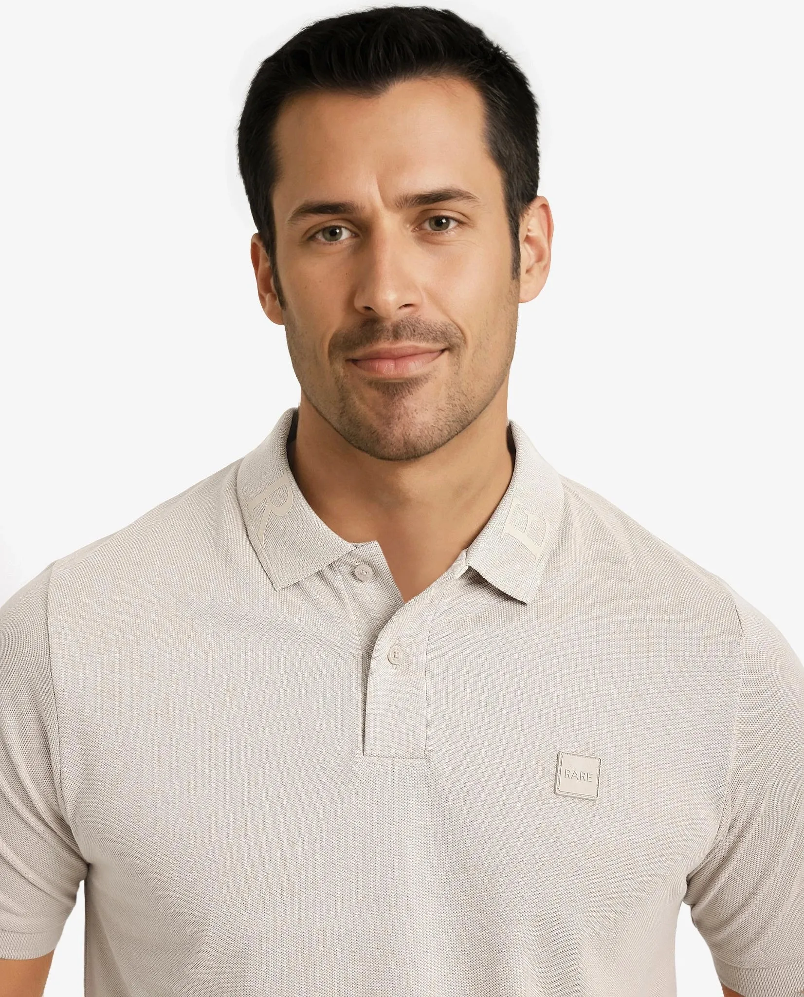 Rare Rabbit Men's Clif Dusky Beige Cotton Fabric Short Sleeves Printed Detailing On Collar Regular Fit Plain Knit Polo T-Shirt