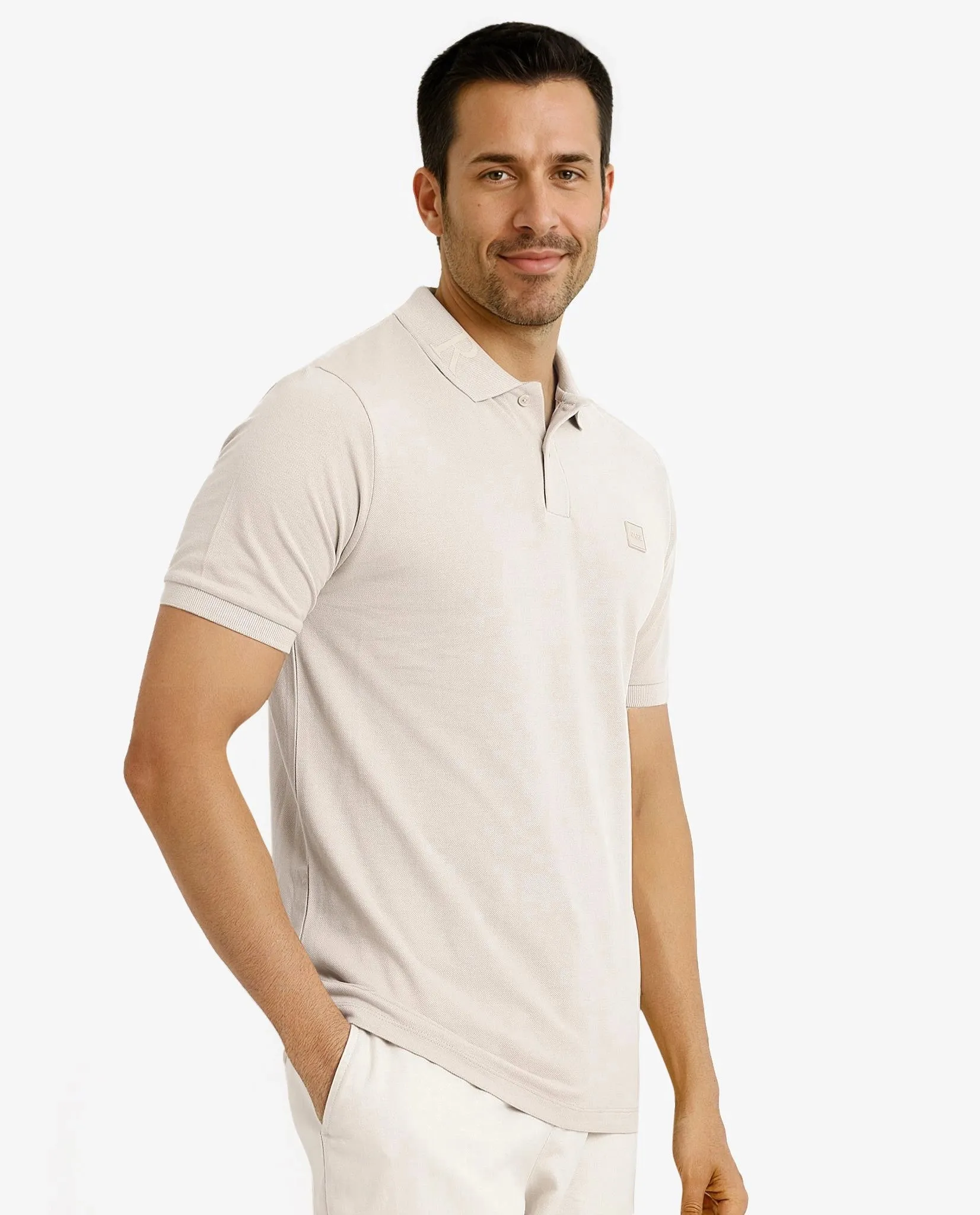 Rare Rabbit Men's Clif Dusky Beige Cotton Fabric Short Sleeves Printed Detailing On Collar Regular Fit Plain Knit Polo T-Shirt